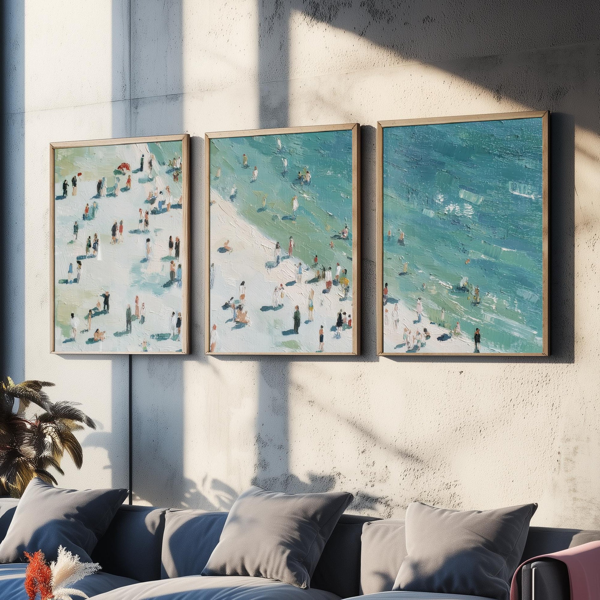 Whitby Beach Set of Three Prints - Aerial North Yorkshire Posters - Palette Knife Oil Painting - Muted Coastal Wall Art