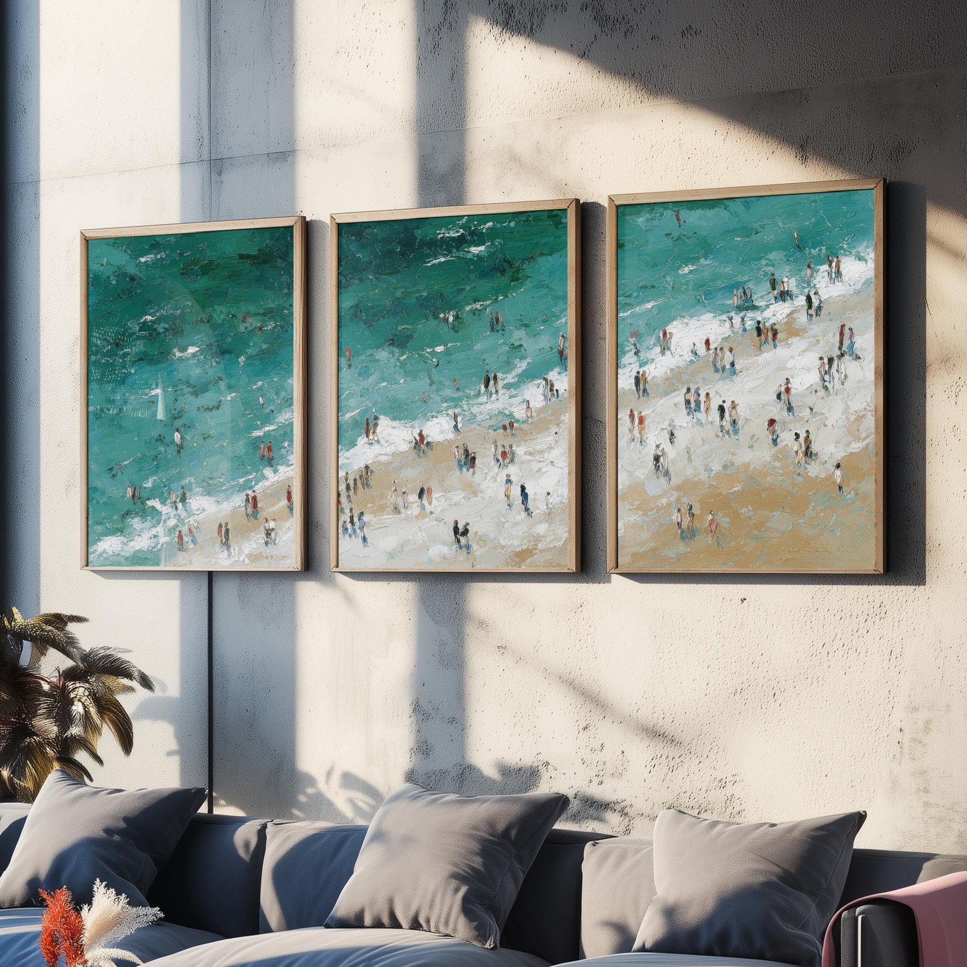 Woolacombe Beach Set of Three Prints - Aerial North Devon Posters - Palette Knife Oil Painting - Emerald Surf Wall Art