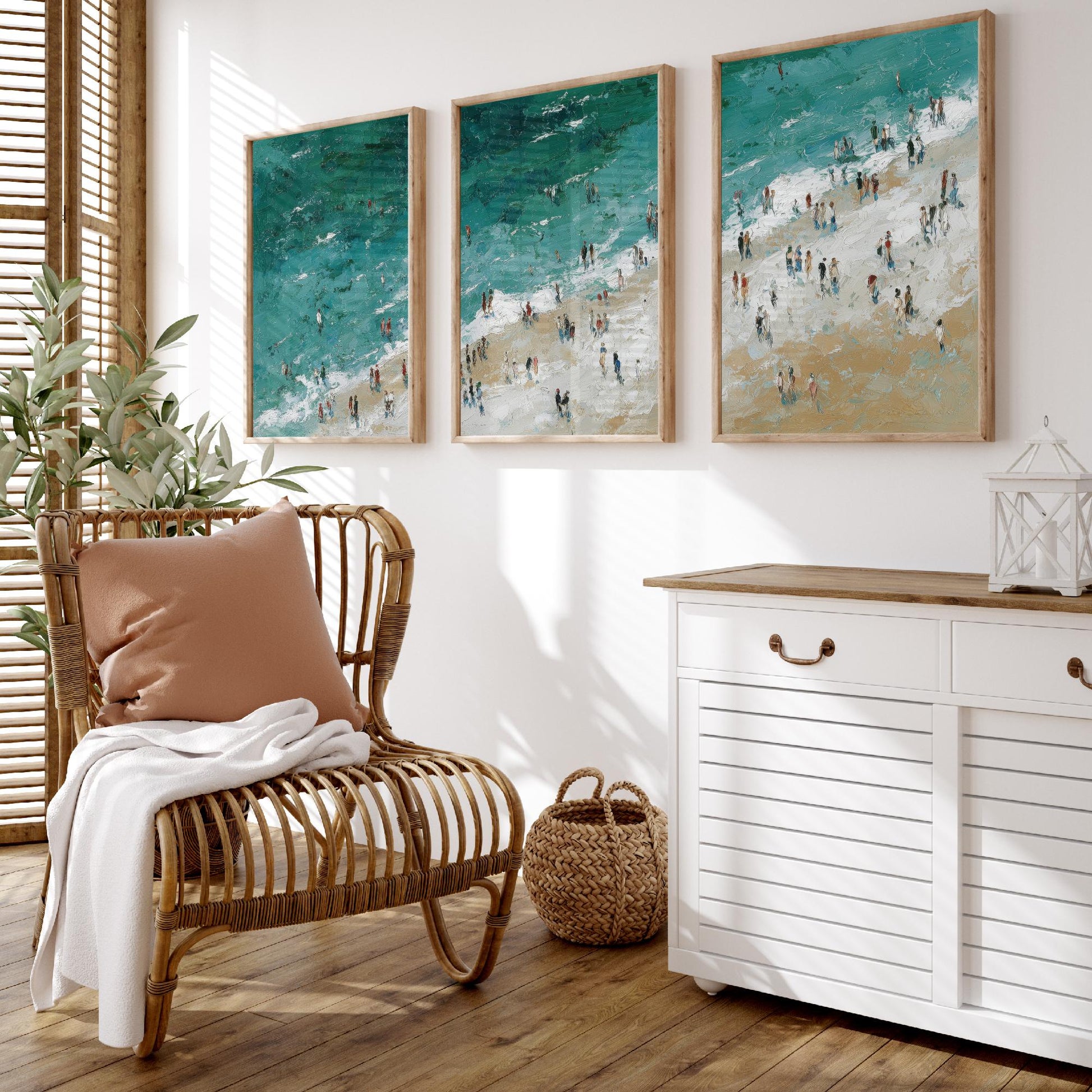 Woolacombe Beach Set of Three Prints - Aerial North Devon Posters - Palette Knife Oil Painting - Emerald Surf Wall Art