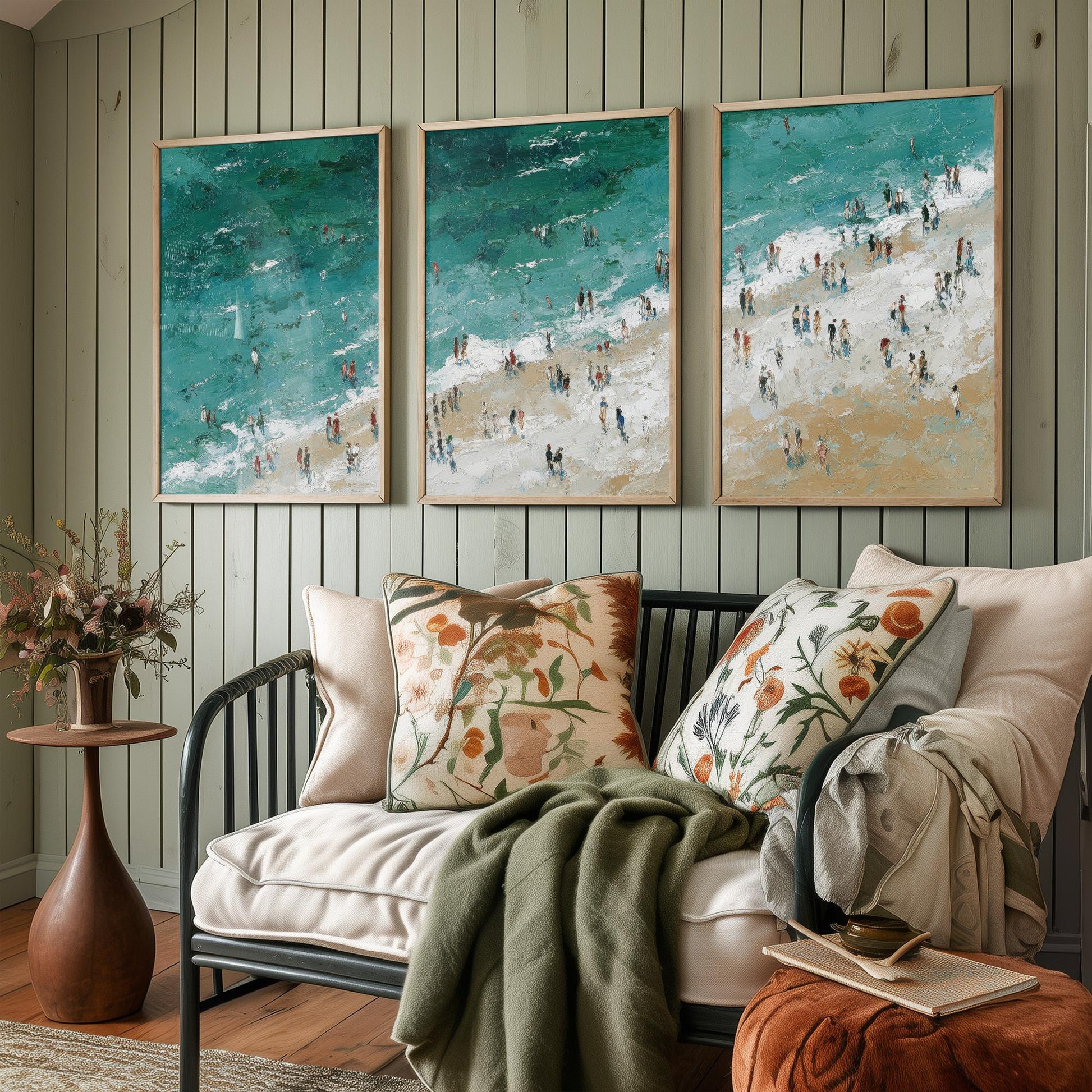 Woolacombe Beach Set of Three Prints - Aerial North Devon Posters - Palette Knife Oil Painting - Emerald Surf Wall Art