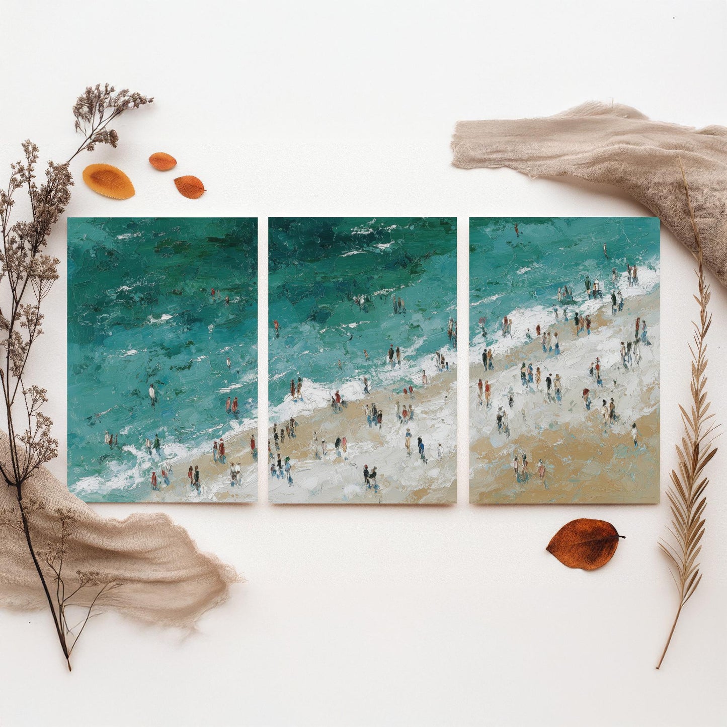 Woolacombe Beach Set of Three Prints - Aerial North Devon Posters - Palette Knife Oil Painting - Emerald Surf Wall Art