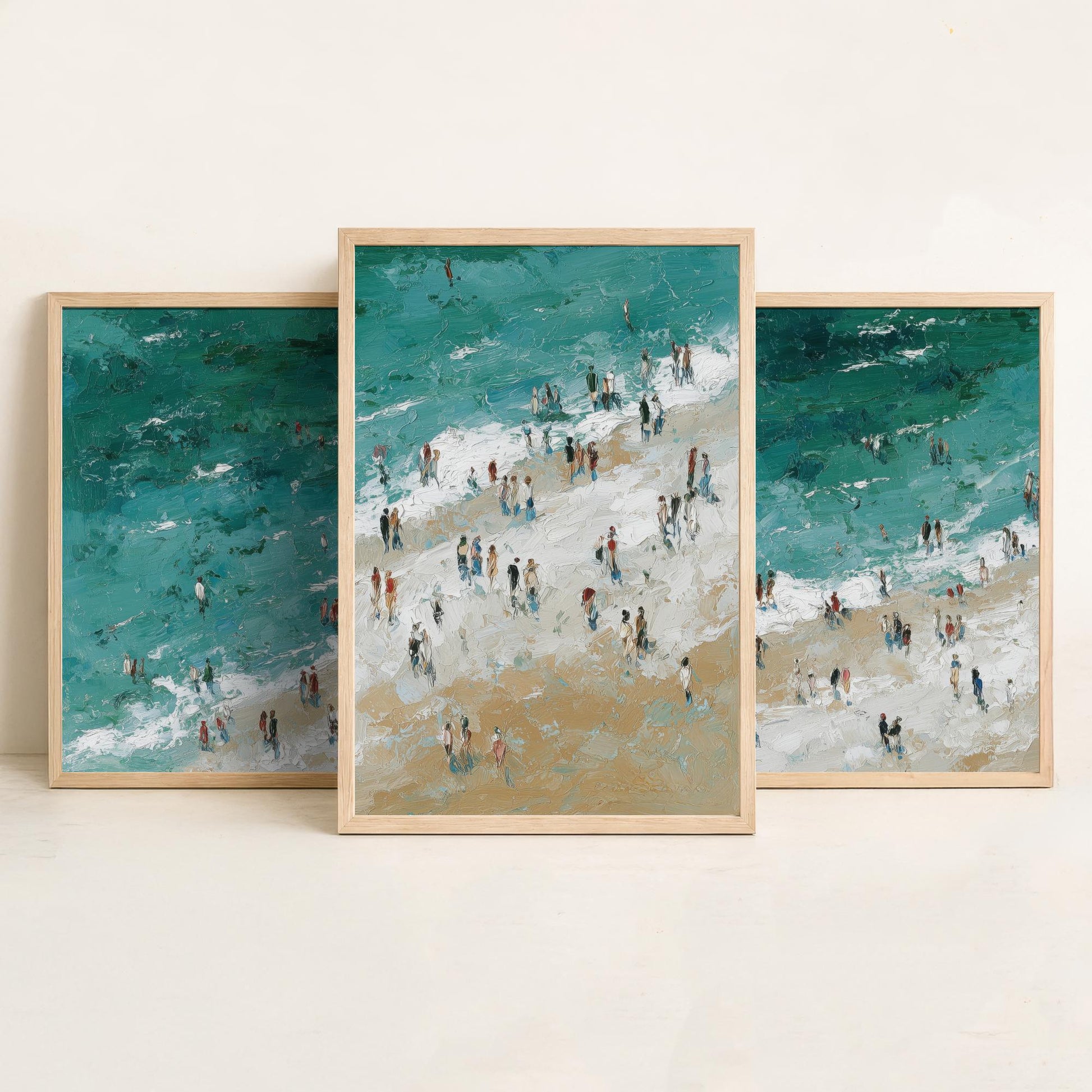 Woolacombe Beach Set of Three Prints - Aerial North Devon Posters - Palette Knife Oil Painting - Emerald Surf Wall Art