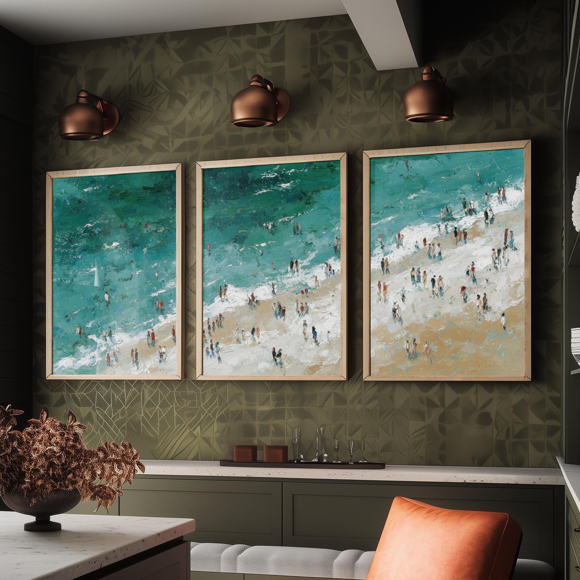 Woolacombe Beach Set of Three Prints - Aerial North Devon Posters - Palette Knife Oil Painting - Emerald Surf Wall Art