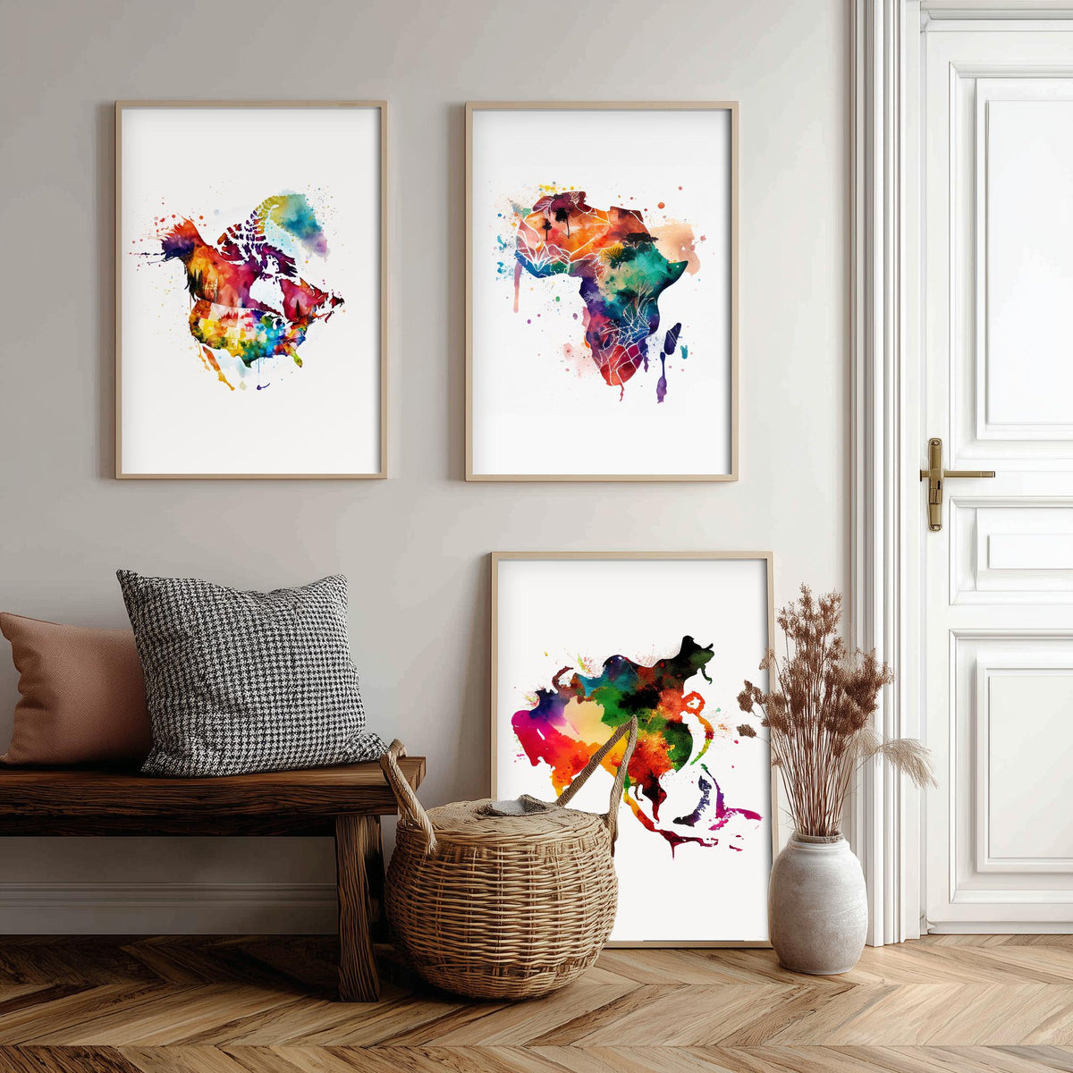 Watercolour Continent Map Set of Three Art Prints - North America, Africa, Asia - Rainbow Splash World Map Poster Painting