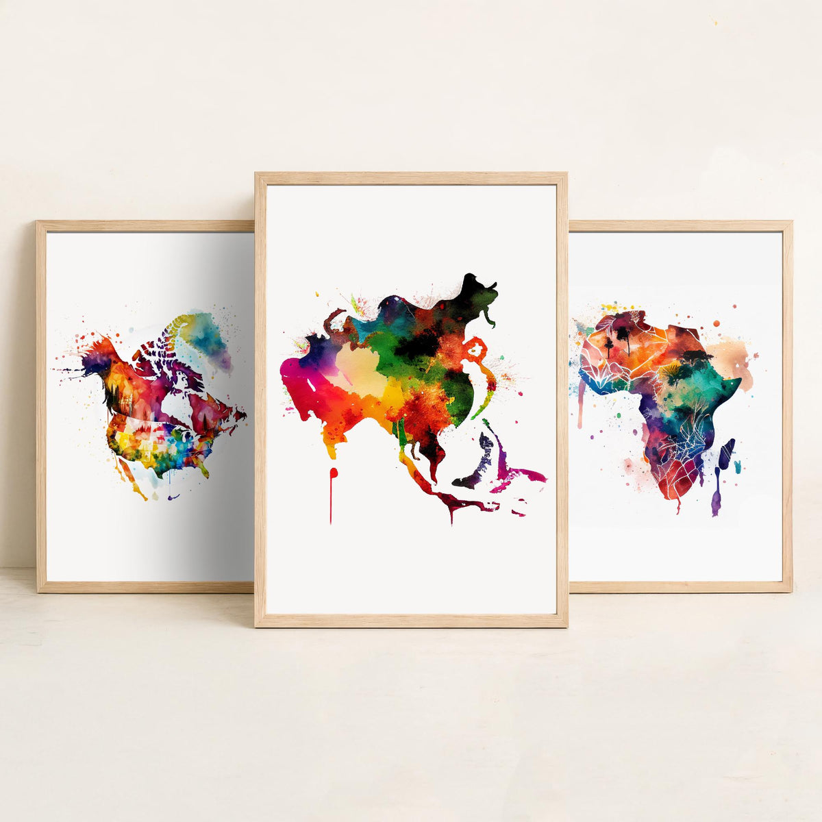 Watercolour Continent Map Set of Three Art Prints - North America, Africa, Asia - Rainbow Splash World Map Poster Painting
