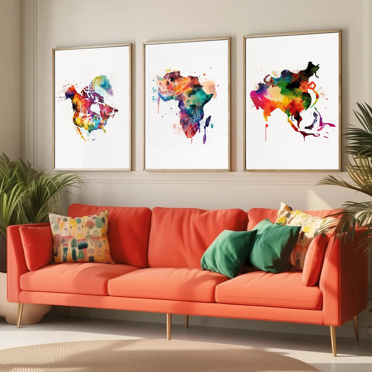 Watercolour Continent Map Set of Three Art Prints - North America, Africa, Asia - Rainbow Splash World Map Poster Painting