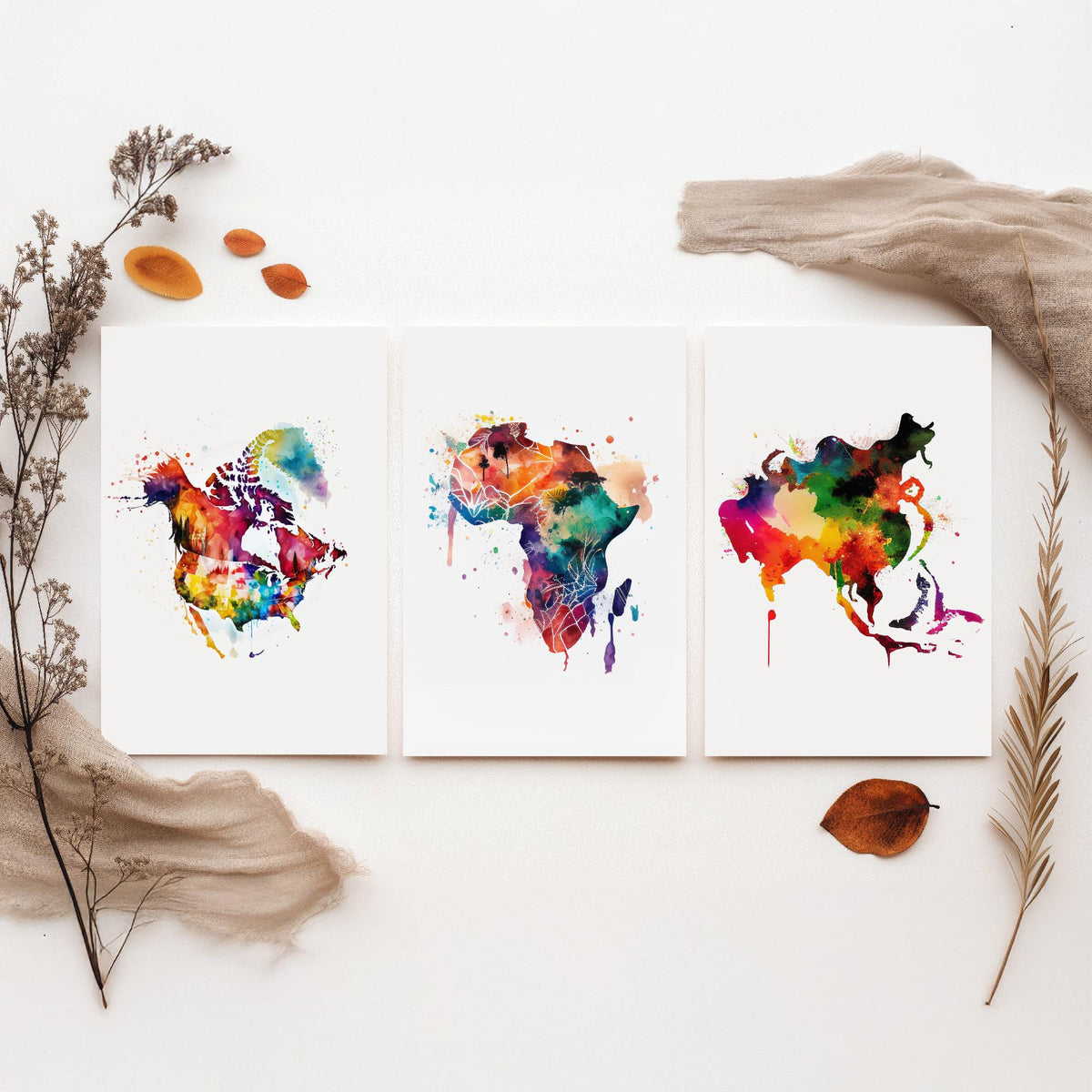 Watercolour Continent Map Set of Three Art Prints - North America, Africa, Asia - Rainbow Splash World Map Poster Painting