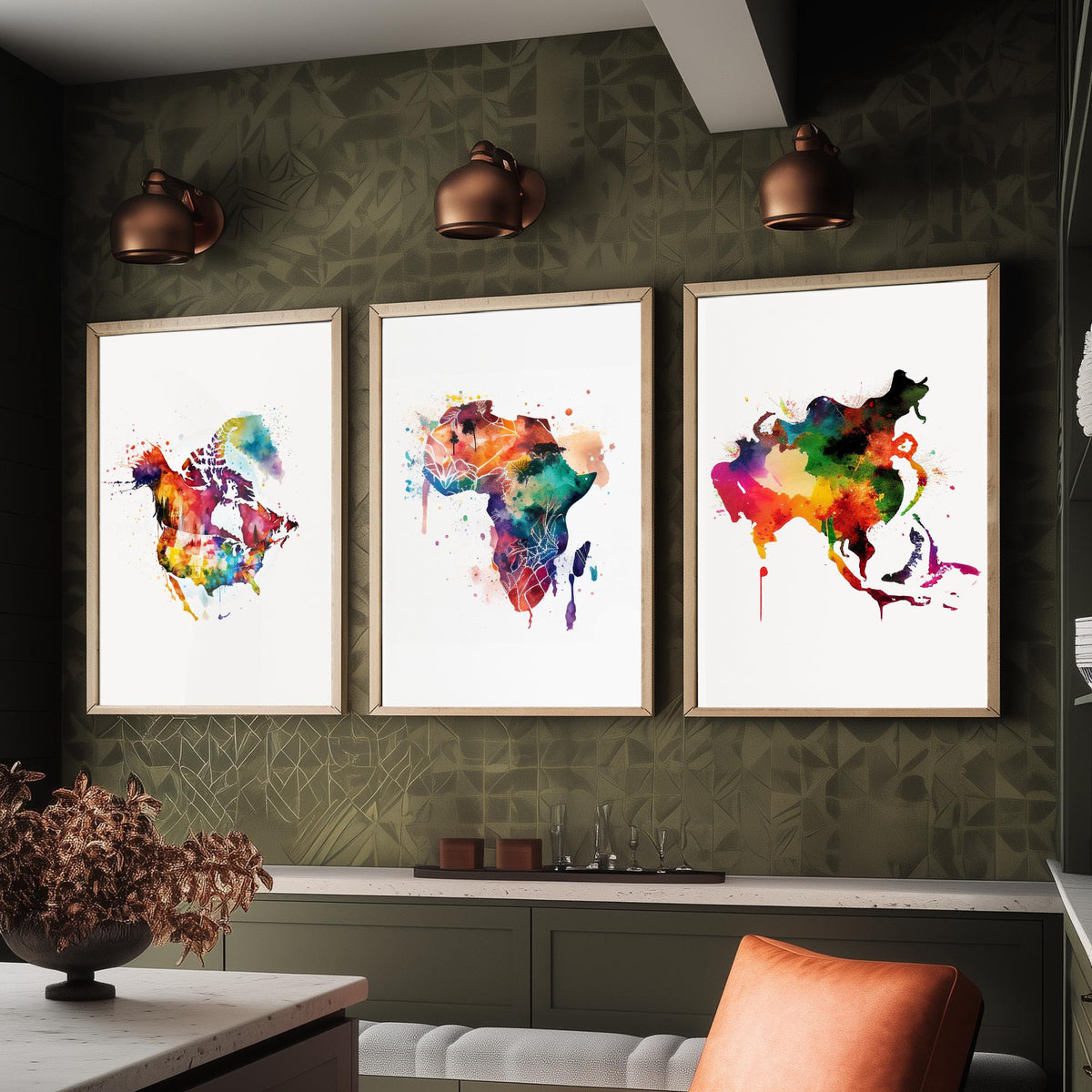 Watercolour Continent Map Set of Three Art Prints - North America, Africa, Asia - Rainbow Splash World Map Poster Painting
