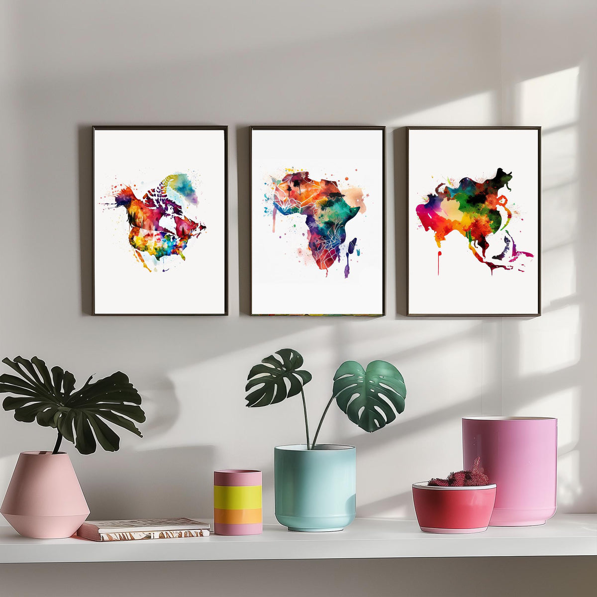 Watercolour Continent Map Set of Three Art Prints - North America, Africa, Asia - Rainbow Splash World Map Poster Painting