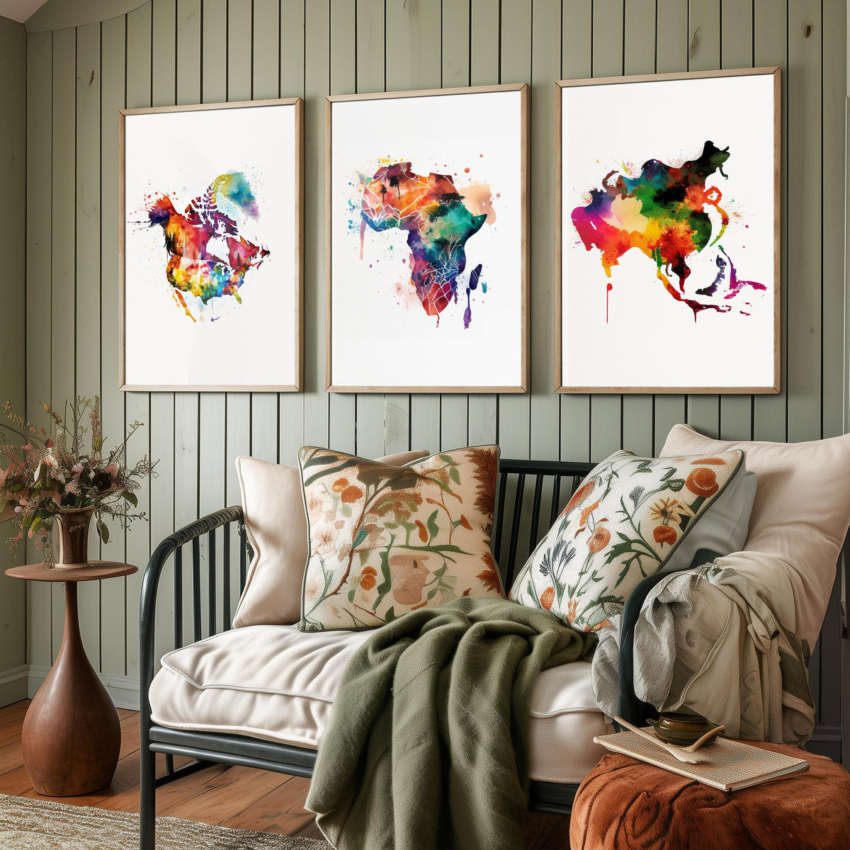 Watercolour Continent Map Set of Three Art Prints - North America, Africa, Asia - Rainbow Splash World Map Poster Painting