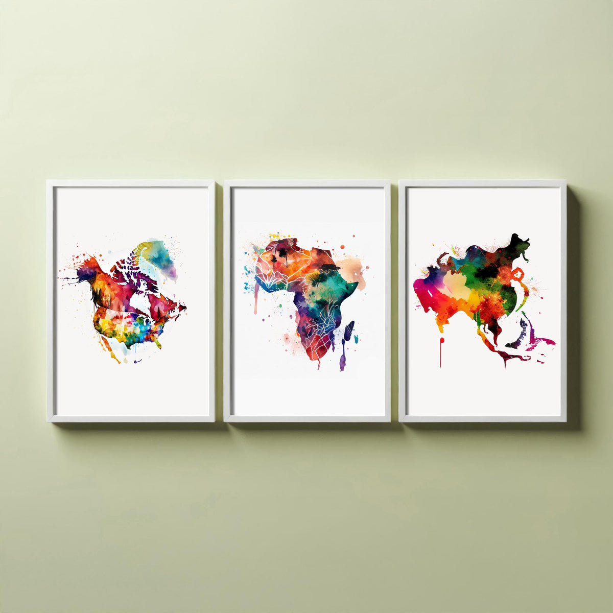 Watercolour Continent Map Set of Three Art Prints - North America, Africa, Asia - Rainbow Splash World Map Poster Painting