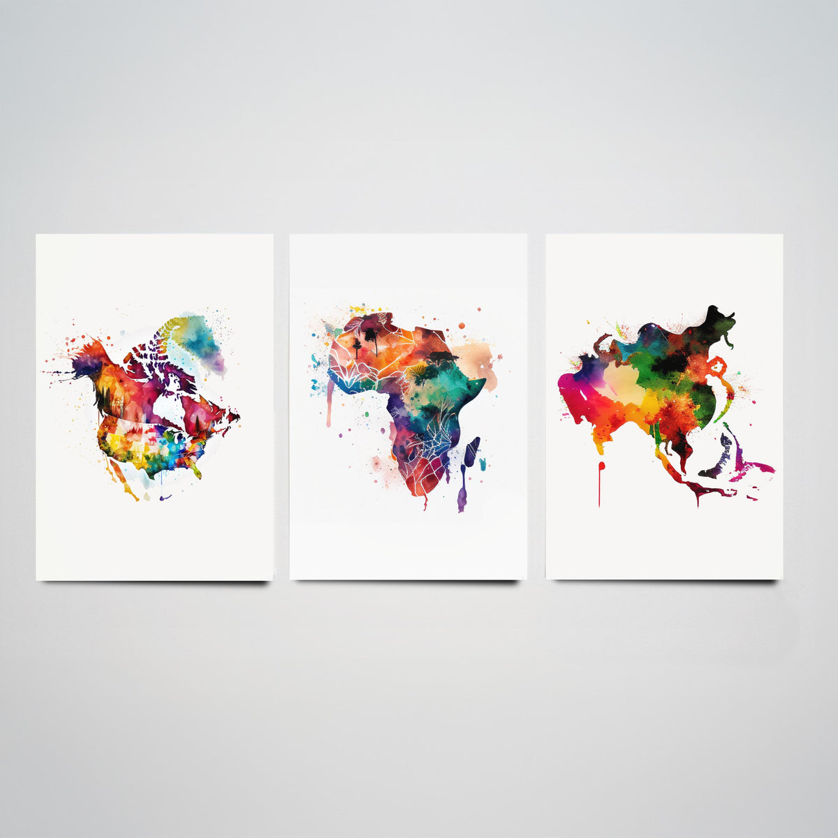 Watercolour Continent Map Set of Three Art Prints - North America, Africa, Asia - Rainbow Splash World Map Poster Painting