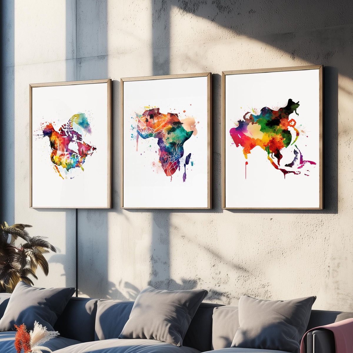 Watercolour Continent Map Set of Three Art Prints - North America, Africa, Asia - Rainbow Splash World Map Poster Painting