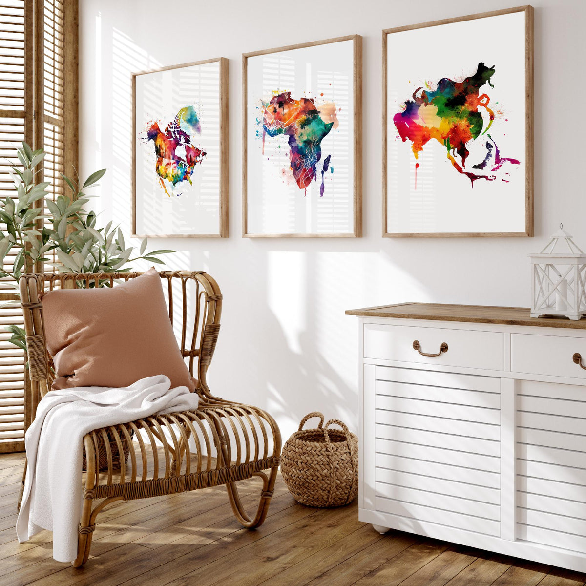 Watercolour Continent Map Set of Three Art Prints - North America, Africa, Asia - Rainbow Splash World Map Poster Painting
