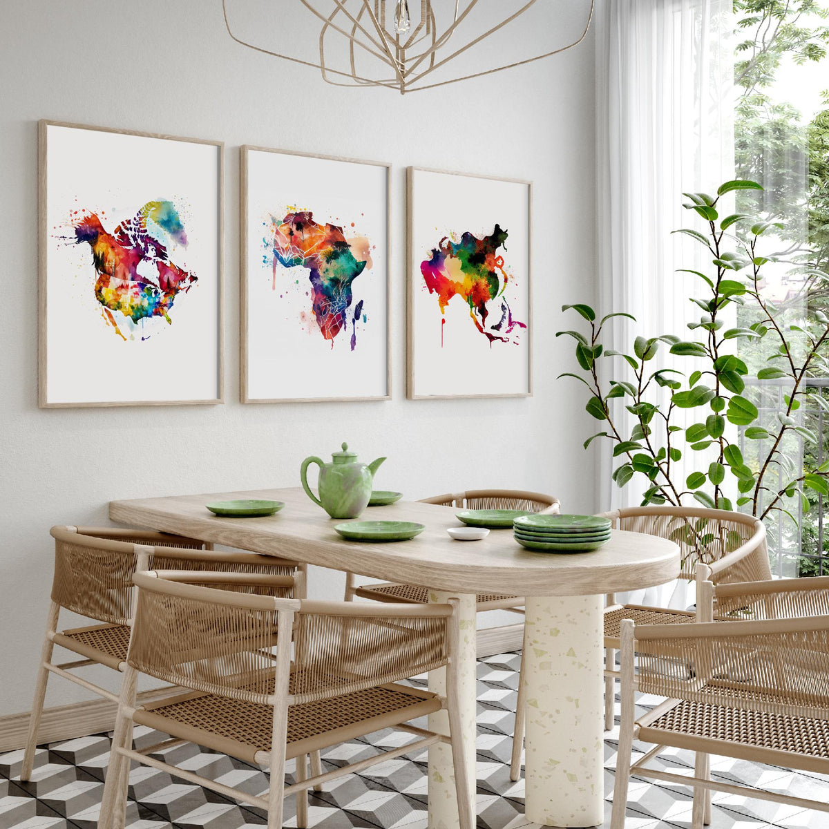 Watercolour Continent Map Set of Three Art Prints - North America, Africa, Asia - Rainbow Splash World Map Poster Painting