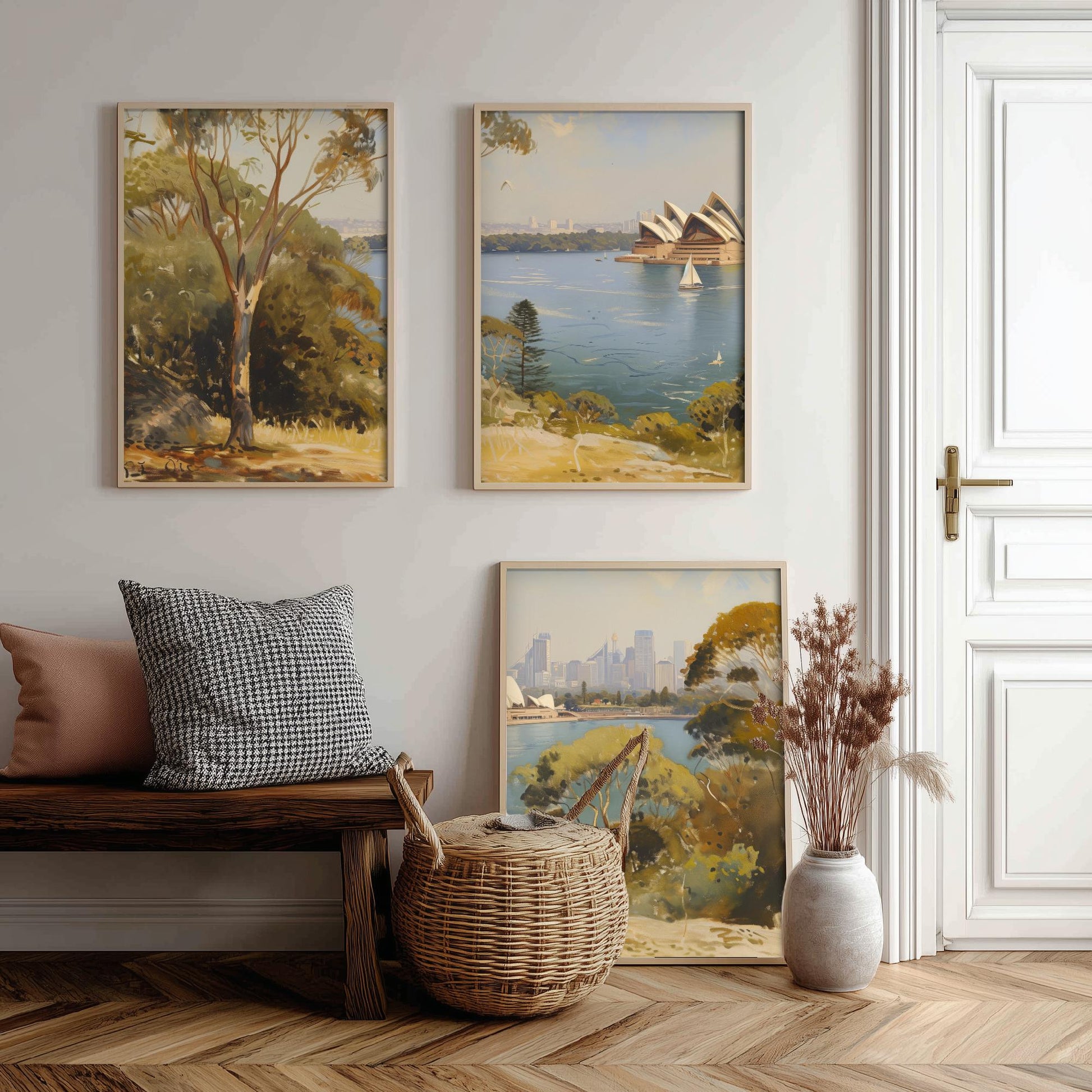 Sydney Harbour Australia Set of Three Art Prints - Opera House Panorama Posters - Romantic Oil Painting Style Landscape Wall Decor