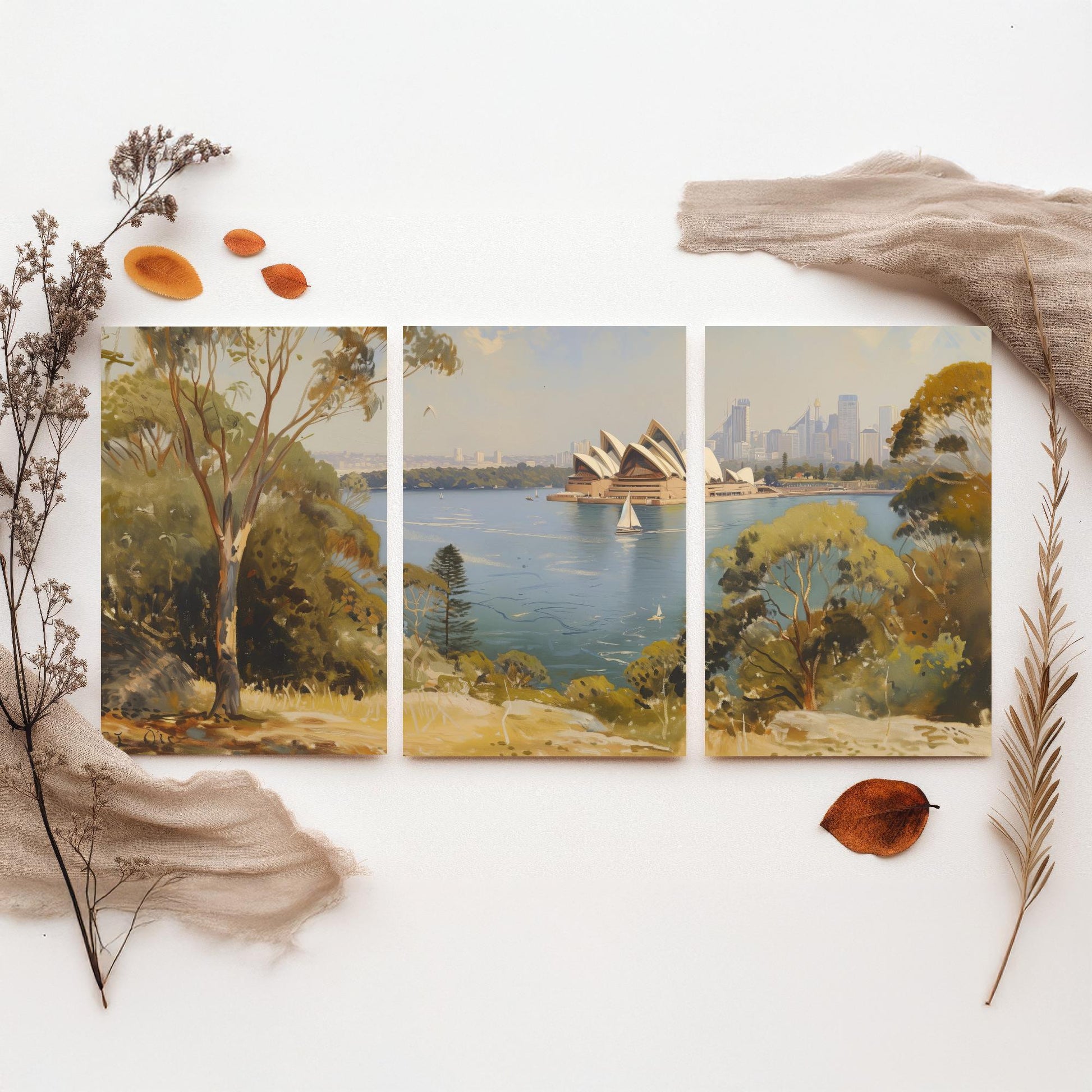 Sydney Harbour Australia Set of Three Art Prints - Opera House Panorama Posters - Romantic Oil Painting Style Landscape Wall Decor