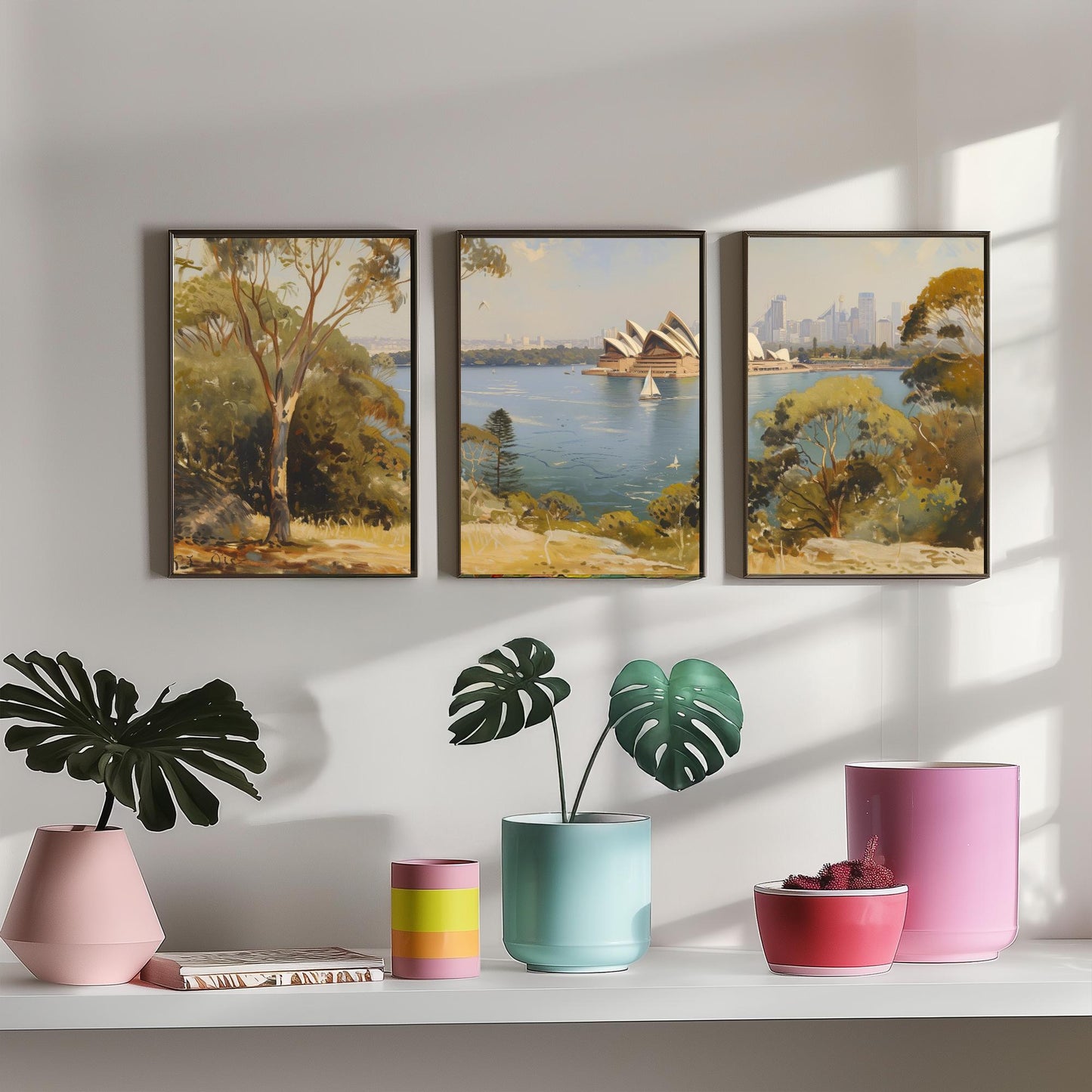 Sydney Harbour Australia Set of Three Art Prints - Opera House Panorama Posters - Romantic Oil Painting Style Landscape Wall Decor