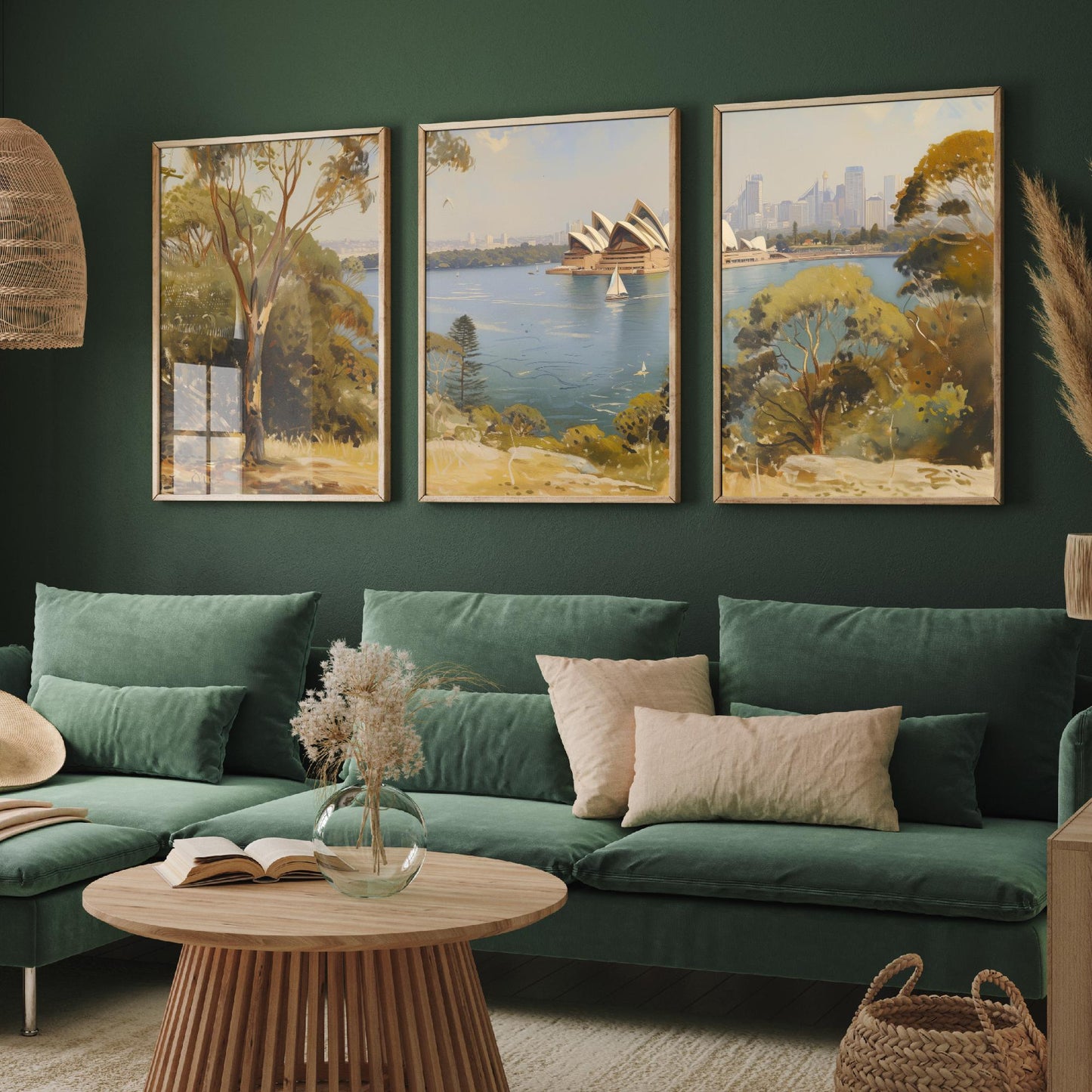 Sydney Harbour Australia Set of Three Art Prints - Opera House Panorama Posters - Romantic Oil Painting Style Landscape Wall Decor