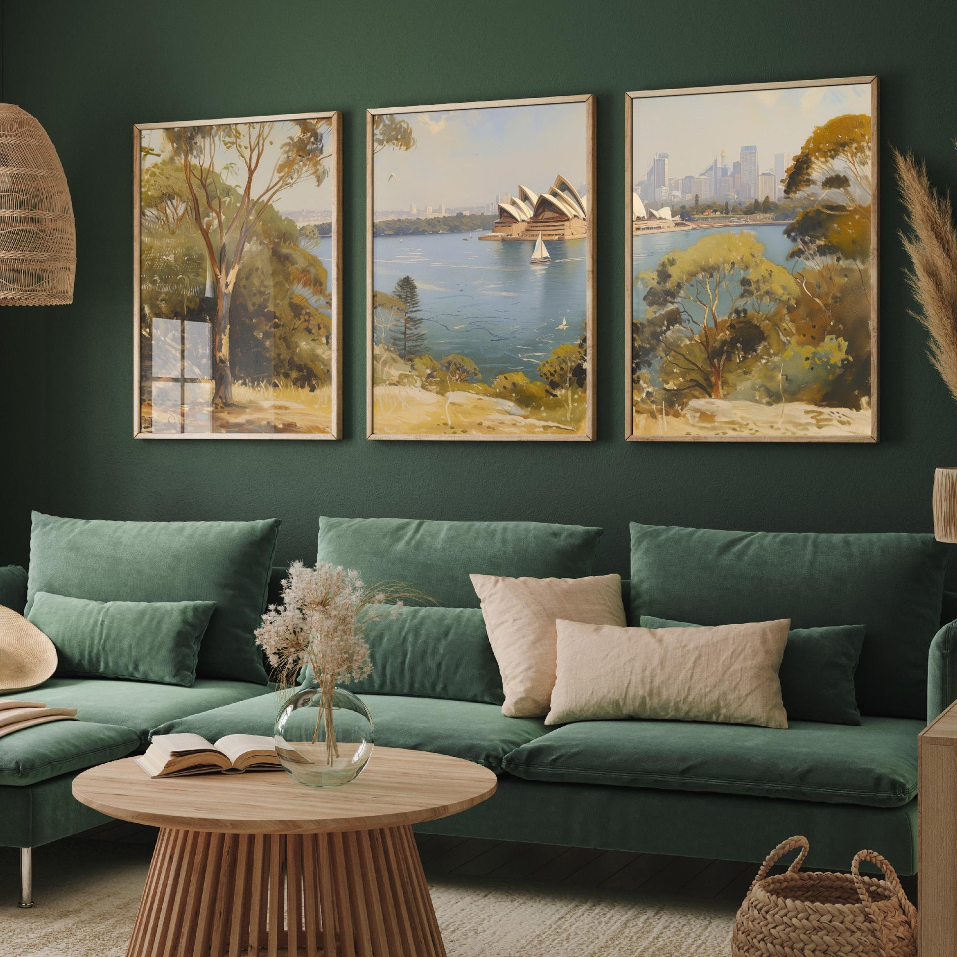 Sydney Harbour Australia Set of Three Art Prints - Opera House Panorama Posters - Romantic Oil Painting Style Landscape Wall Decor