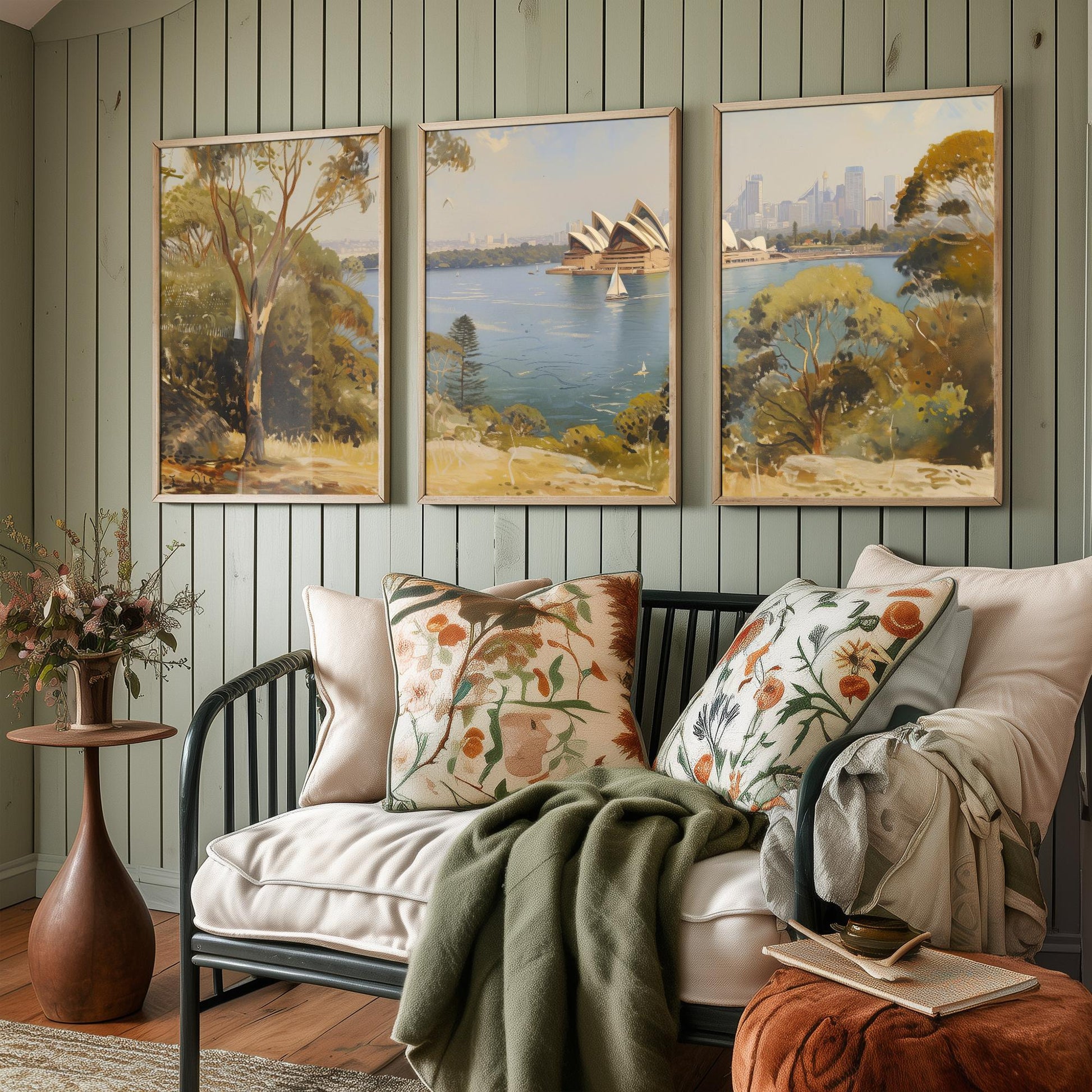 Sydney Harbour Australia Set of Three Art Prints - Opera House Panorama Posters - Romantic Oil Painting Style Landscape Wall Decor