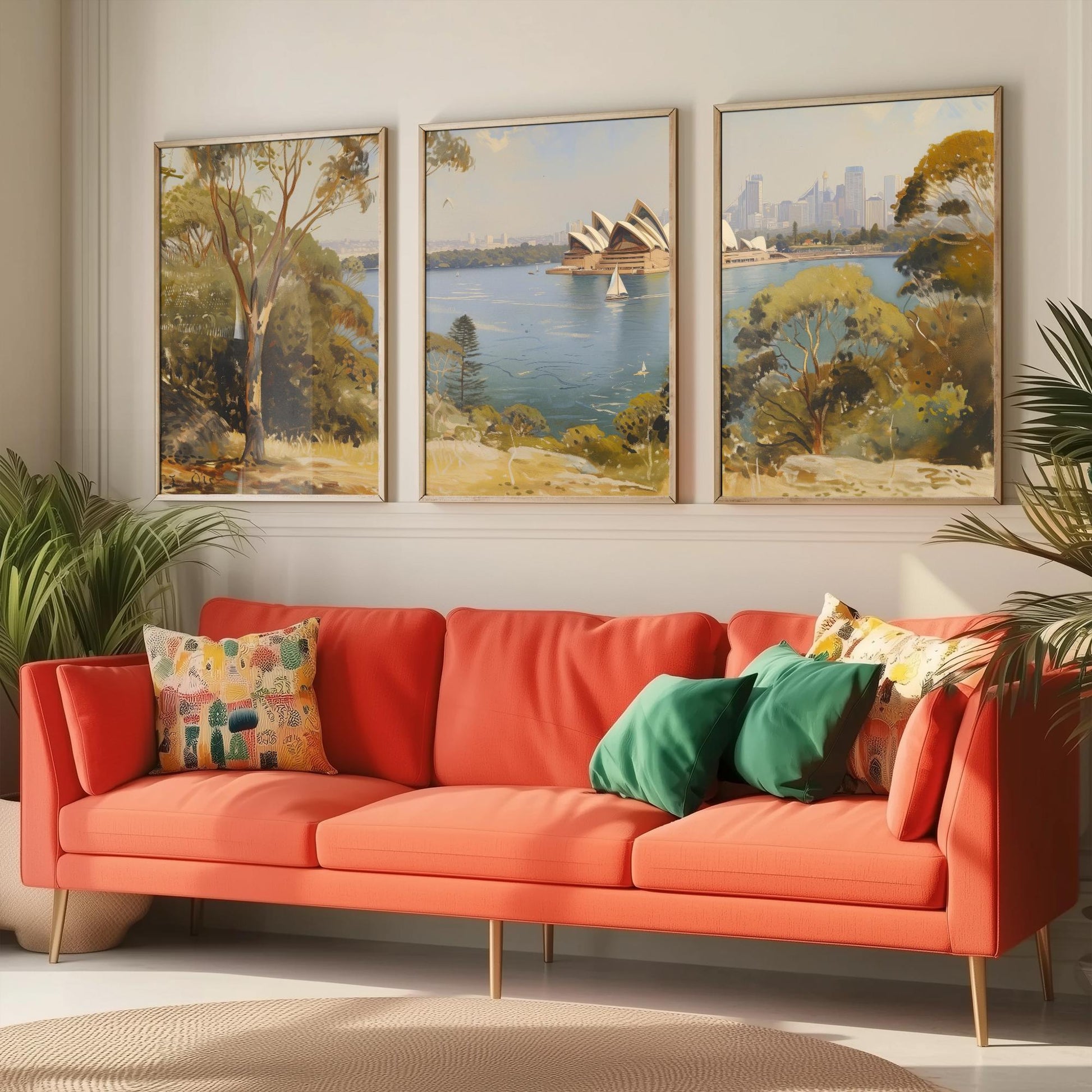 Sydney Harbour Australia Set of Three Art Prints - Opera House Panorama Posters - Romantic Oil Painting Style Landscape Wall Decor