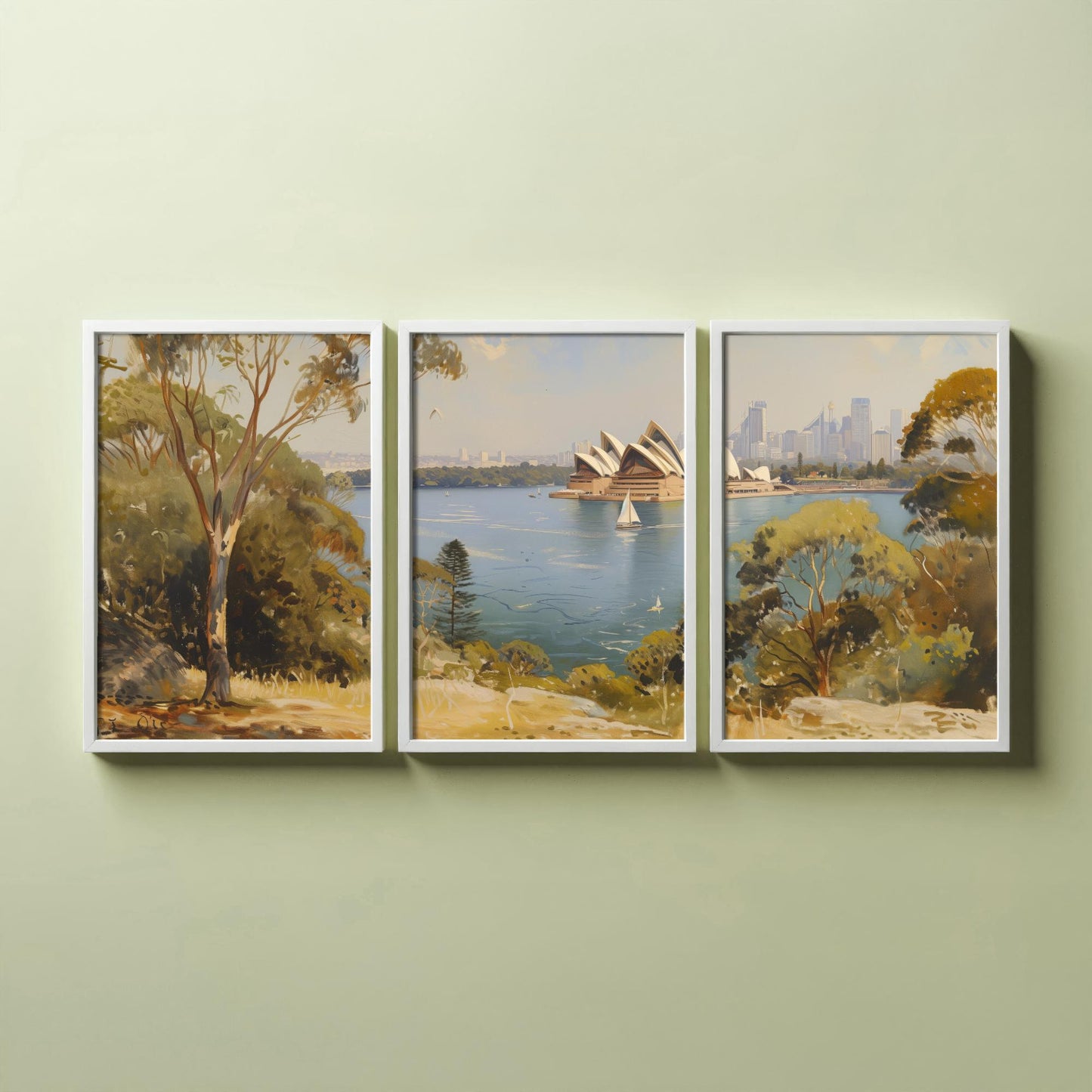 Sydney Harbour Australia Set of Three Art Prints - Opera House Panorama Posters - Romantic Oil Painting Style Landscape Wall Decor
