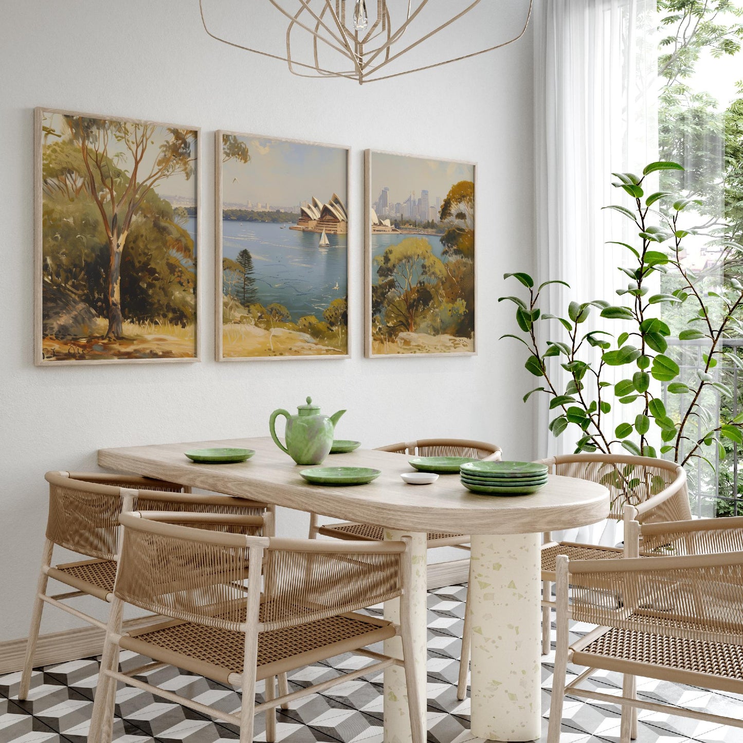 Sydney Harbour Australia Set of Three Art Prints - Opera House Panorama Posters - Romantic Oil Painting Style Landscape Wall Decor