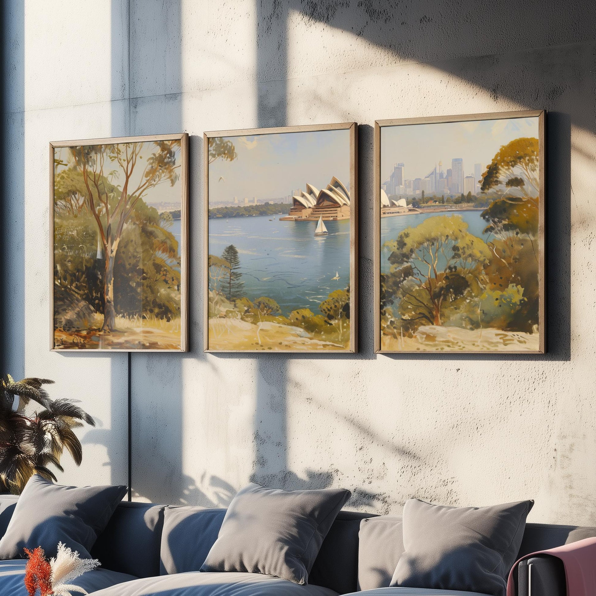 Sydney Harbour Australia Set of Three Art Prints - Opera House Panorama Posters - Romantic Oil Painting Style Landscape Wall Decor