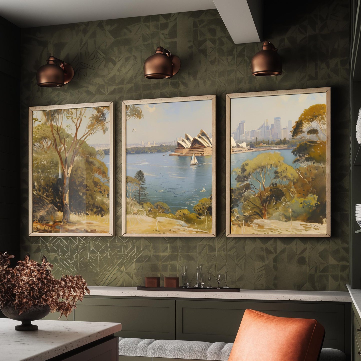 Sydney Harbour Australia Set of Three Art Prints - Opera House Panorama Posters - Romantic Oil Painting Style Landscape Wall Decor