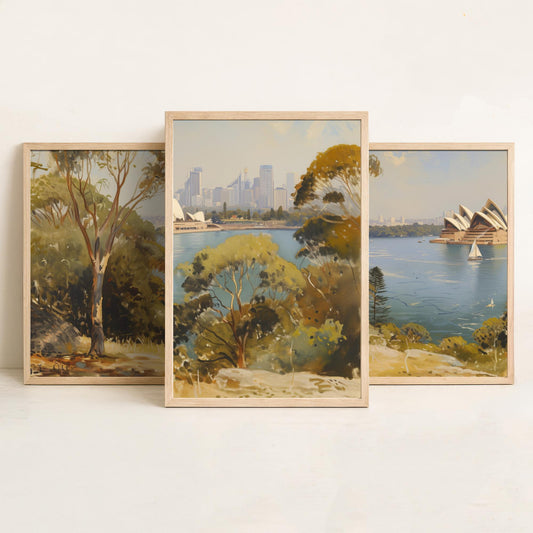 Sydney Harbour Australia Set of Three Art Prints - Opera House Panorama Posters - Romantic Oil Painting Style Landscape Wall Decor