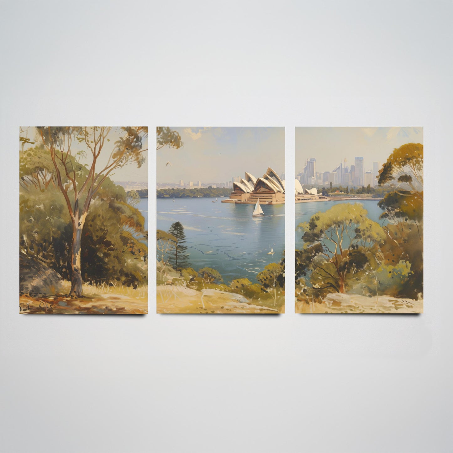 Sydney Harbour Australia Set of Three Art Prints - Opera House Panorama Posters - Romantic Oil Painting Style Landscape Wall Decor