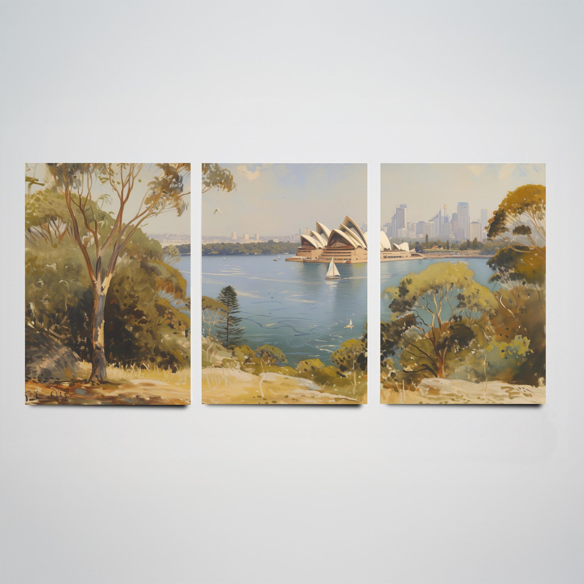 Sydney Harbour Australia Set of Three Art Prints - Opera House Panorama Posters - Romantic Oil Painting Style Landscape Wall Decor