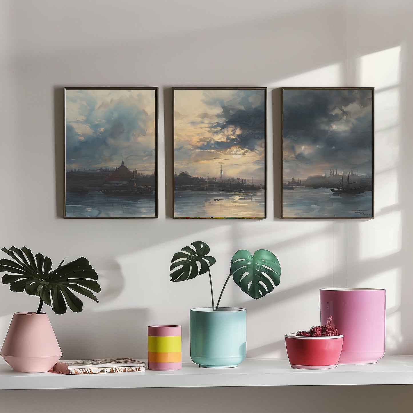 Shanghai China Set of Three Art Prints - Moody Watercolour Harbour Panorama Posters - Atmospheric Dusk Skyline Painting Wall Decor
