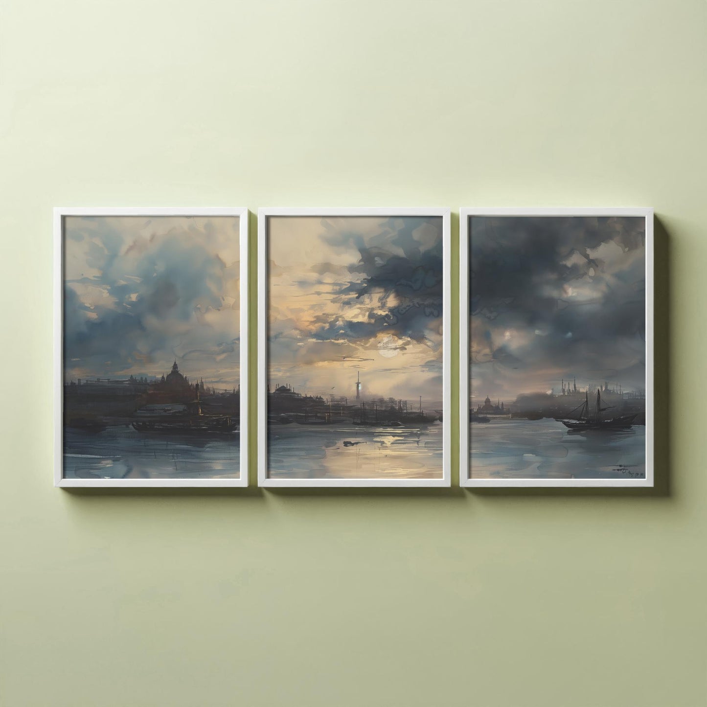 Shanghai China Set of Three Art Prints - Moody Watercolour Harbour Panorama Posters - Atmospheric Dusk Skyline Painting Wall Decor