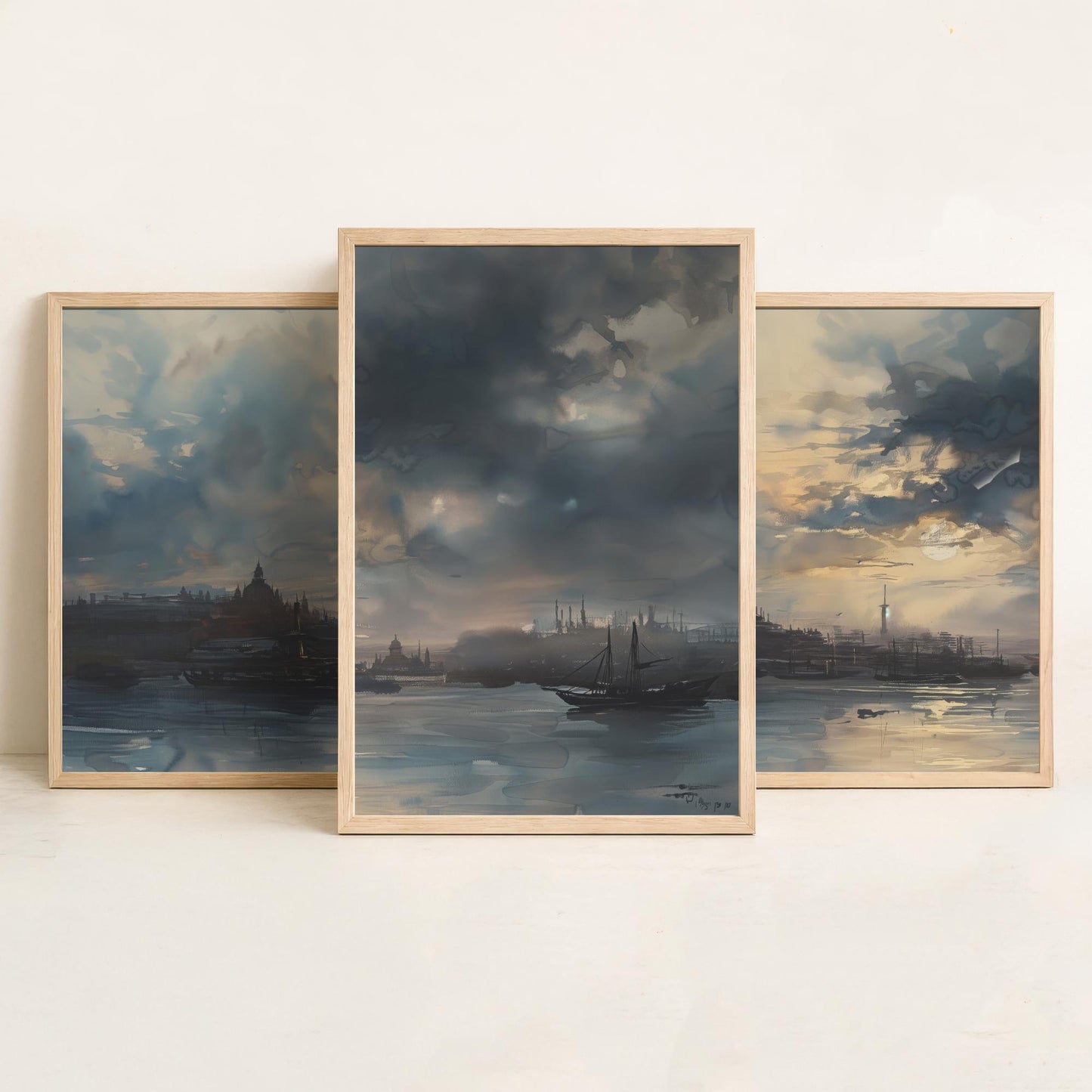 Shanghai China Set of Three Art Prints - Moody Watercolour Harbour Panorama Posters - Atmospheric Dusk Skyline Painting Wall Decor