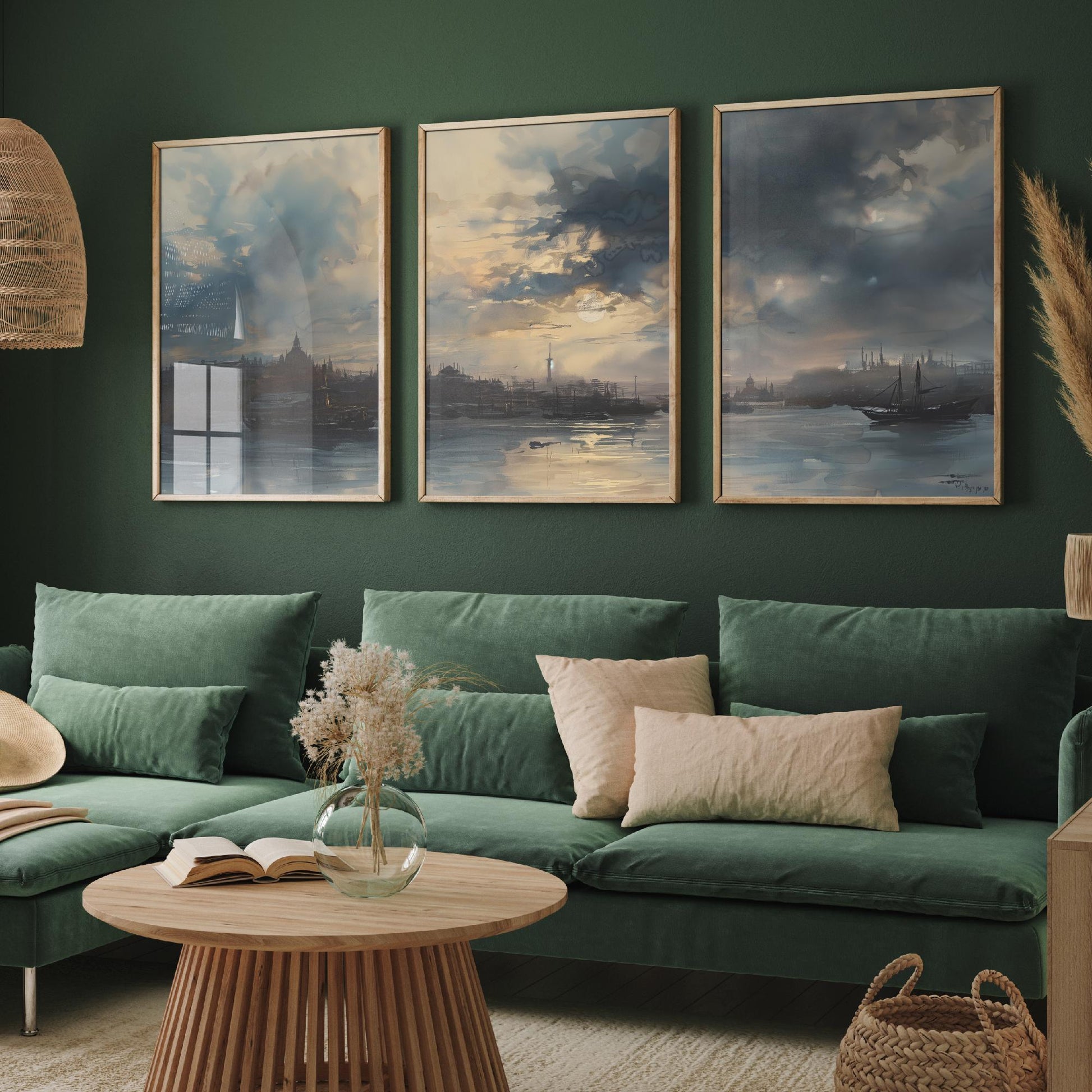 Shanghai China Set of Three Art Prints - Moody Watercolour Harbour Panorama Posters - Atmospheric Dusk Skyline Painting Wall Decor