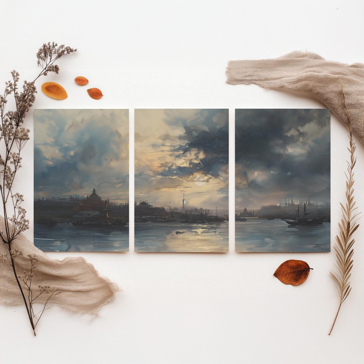 Shanghai China Set of Three Art Prints - Moody Watercolour Harbour Panorama Posters - Atmospheric Dusk Skyline Painting Wall Decor