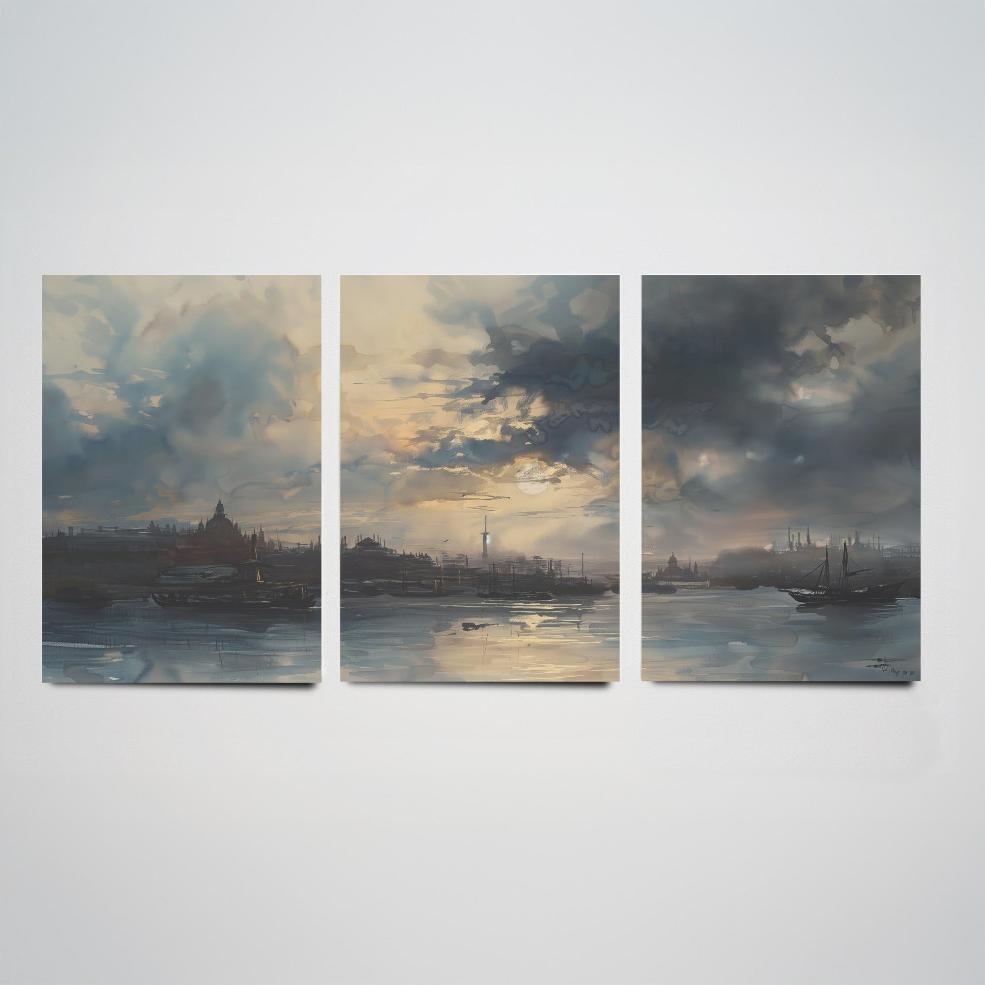 Shanghai China Set of Three Art Prints - Moody Watercolour Harbour Panorama Posters - Atmospheric Dusk Skyline Painting Wall Decor