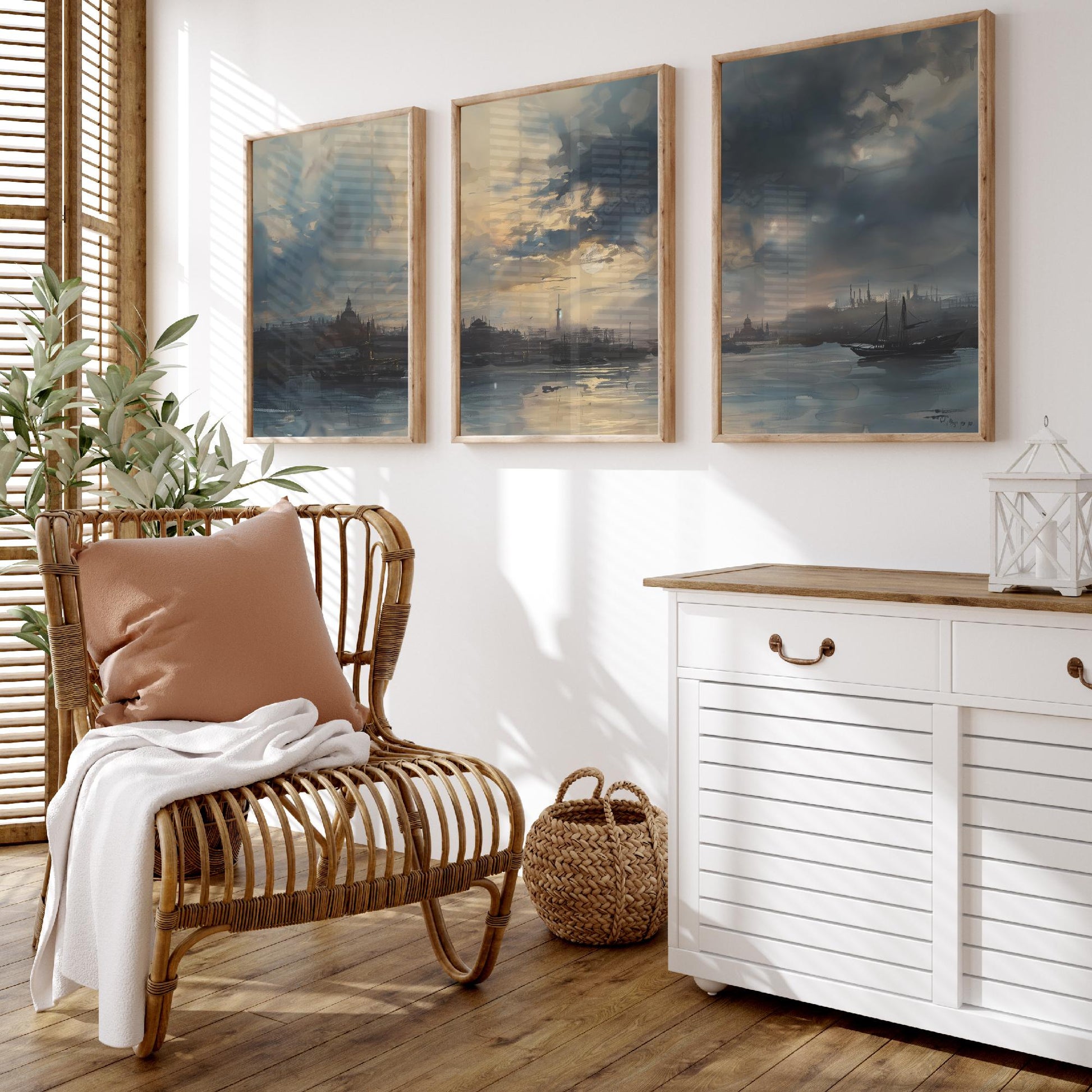 Shanghai China Set of Three Art Prints - Moody Watercolour Harbour Panorama Posters - Atmospheric Dusk Skyline Painting Wall Decor