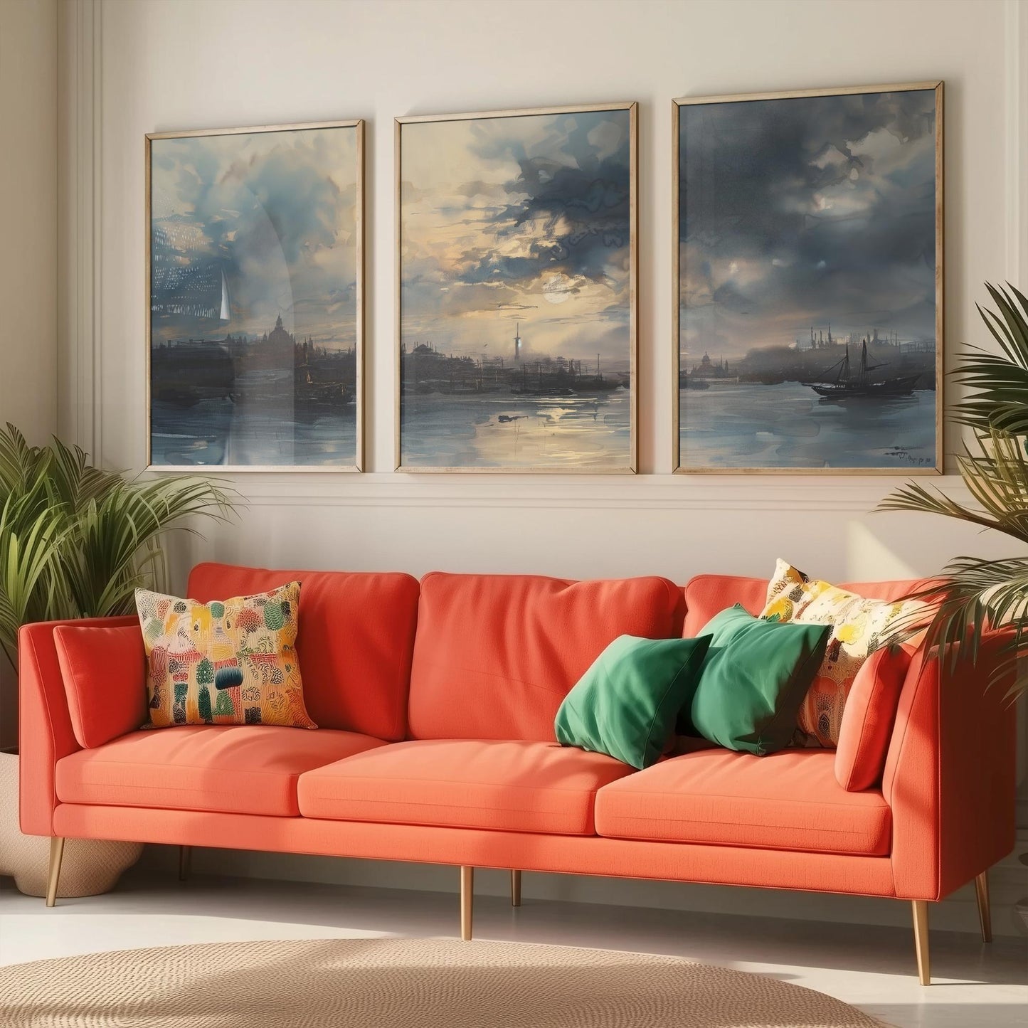 Shanghai China Set of Three Art Prints - Moody Watercolour Harbour Panorama Posters - Atmospheric Dusk Skyline Painting Wall Decor