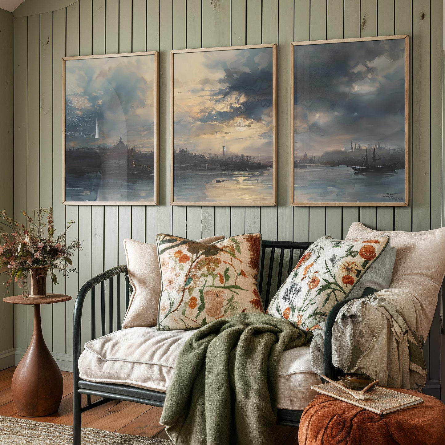 Shanghai China Set of Three Art Prints - Moody Watercolour Harbour Panorama Posters - Atmospheric Dusk Skyline Painting Wall Decor