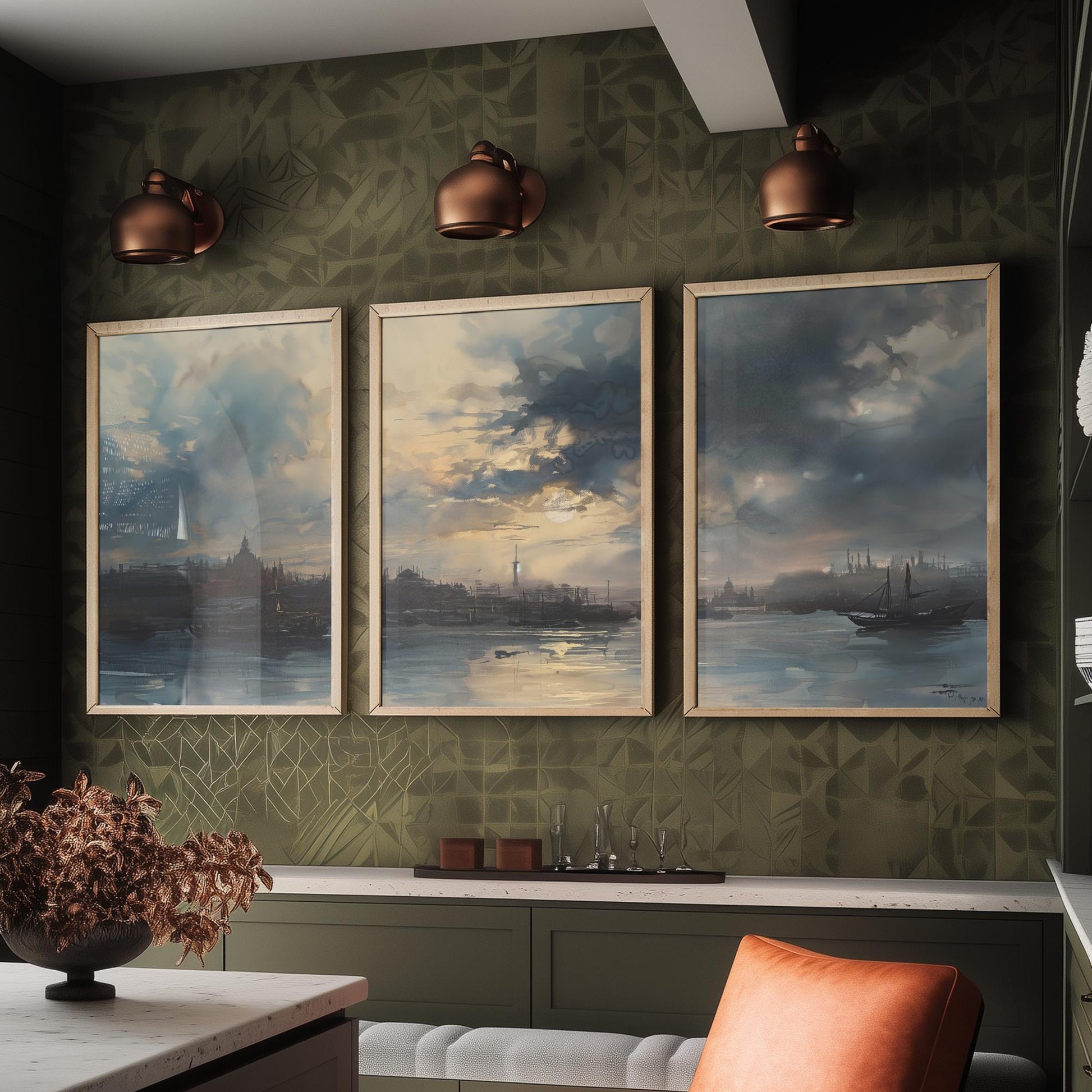 Shanghai China Set of Three Art Prints - Moody Watercolour Harbour Panorama Posters - Atmospheric Dusk Skyline Painting Wall Decor