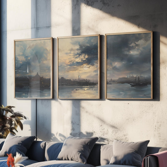 Shanghai China Set of Three Art Prints - Moody Watercolour Harbour Panorama Posters - Atmospheric Dusk Skyline Painting Wall Decor