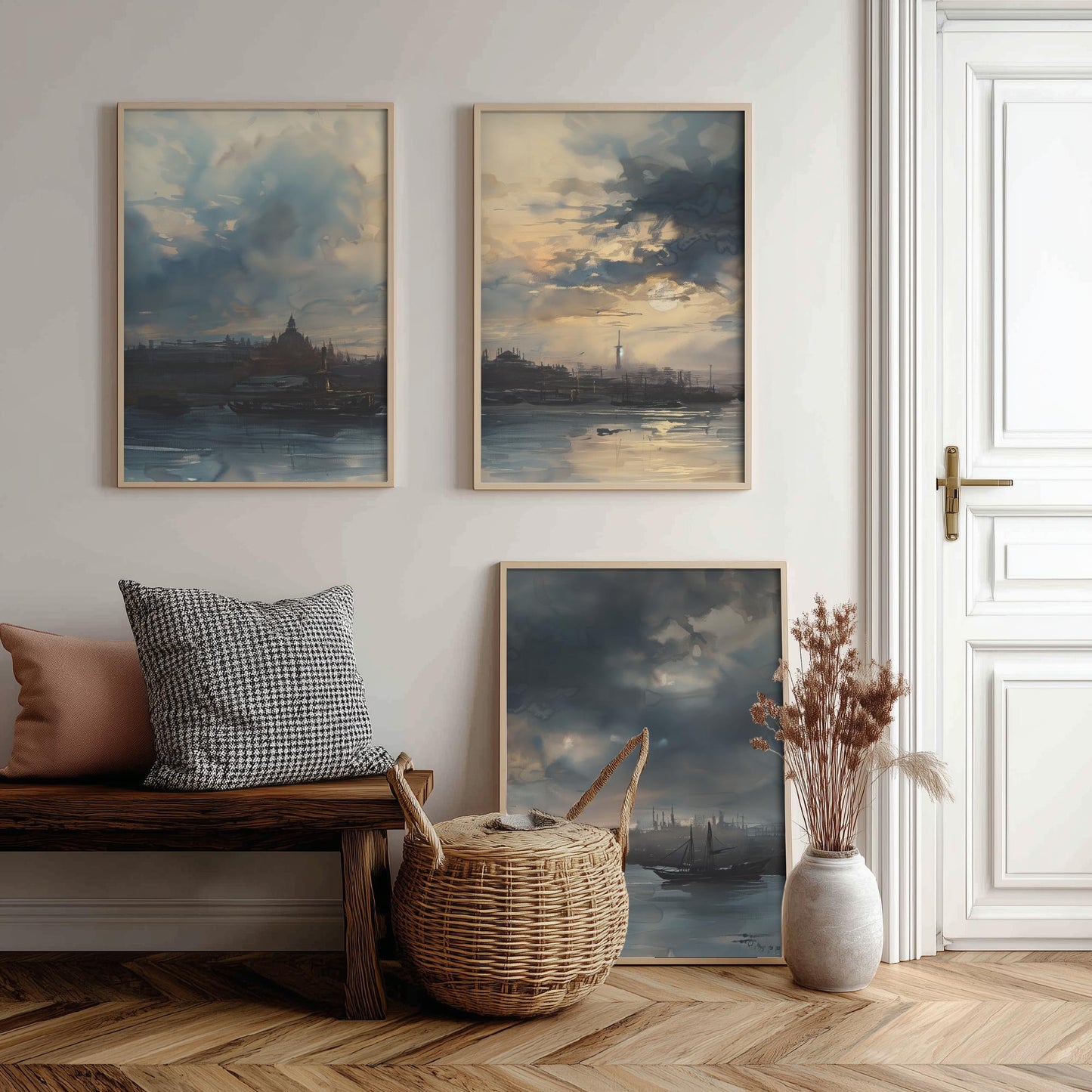 Shanghai China Set of Three Art Prints - Moody Watercolour Harbour Panorama Posters - Atmospheric Dusk Skyline Painting Wall Decor