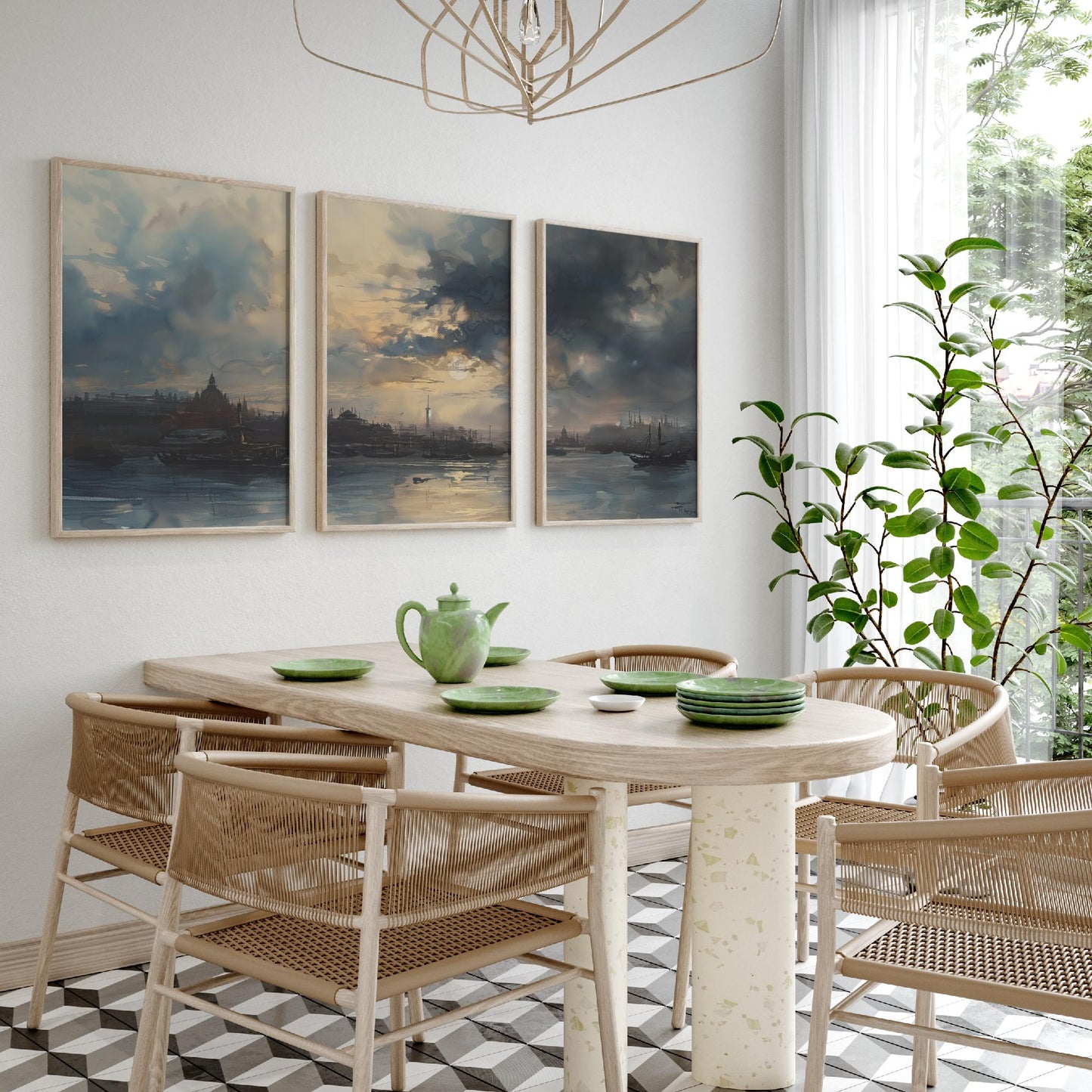 Shanghai China Set of Three Art Prints - Moody Watercolour Harbour Panorama Posters - Atmospheric Dusk Skyline Painting Wall Decor