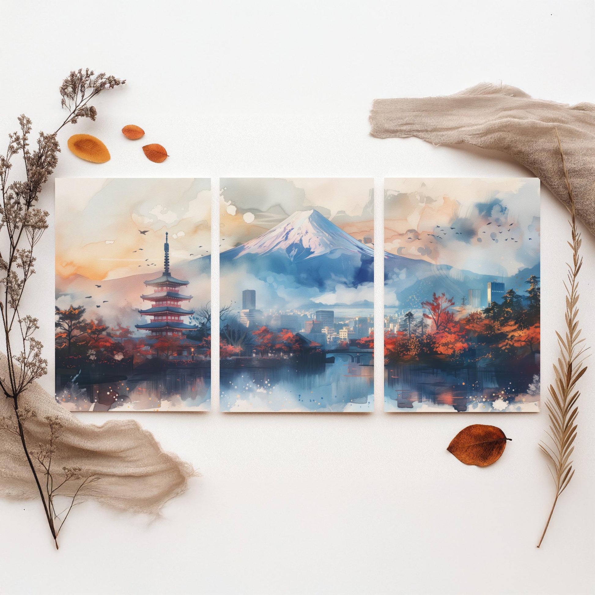 Tokyo Japan Set of Three Art Prints - Mount Fuji and Pagoda Watercolour Posters - Autumn City Panorama Painting Wall Decor