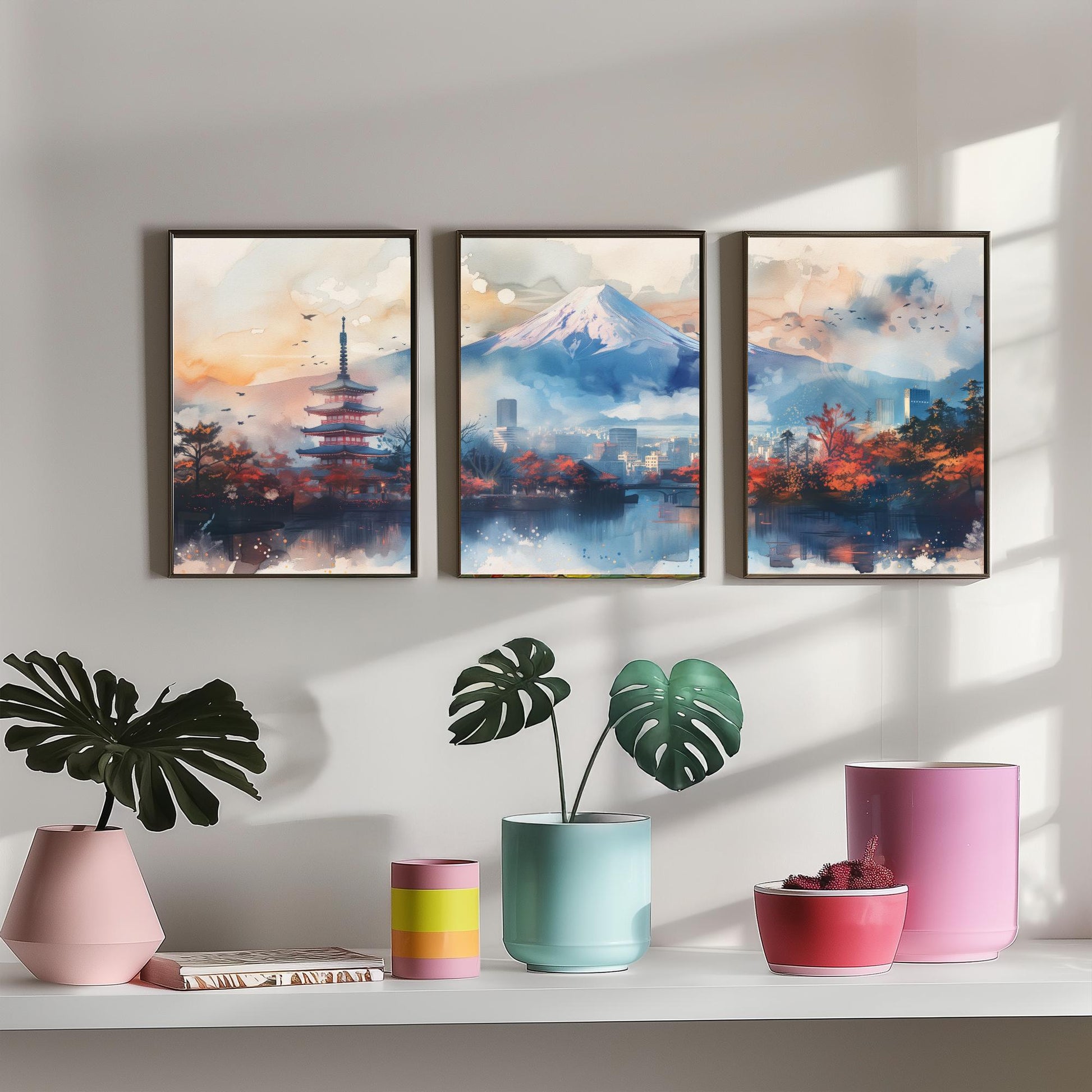 Tokyo Japan Set of Three Art Prints - Mount Fuji and Pagoda Watercolour Posters - Autumn City Panorama Painting Wall Decor