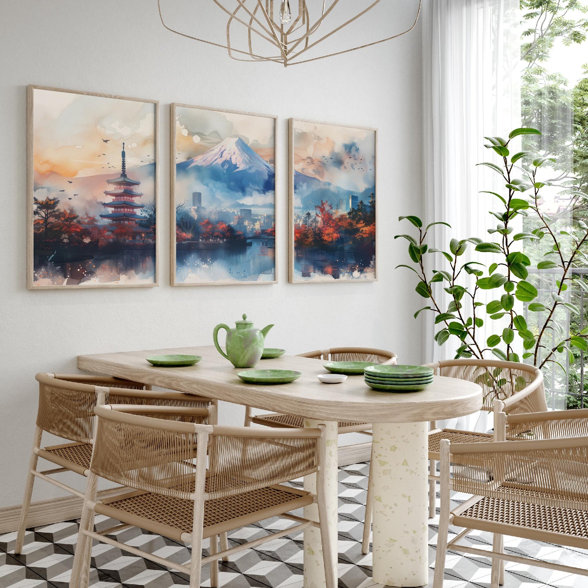 Tokyo Japan Set of Three Art Prints - Mount Fuji and Pagoda Watercolour Posters - Autumn City Panorama Painting Wall Decor
