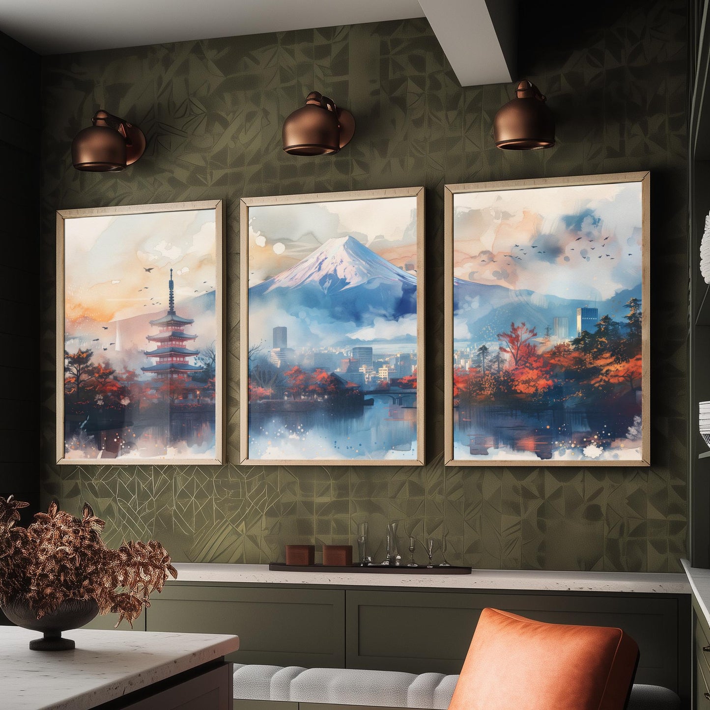 Tokyo Japan Set of Three Art Prints - Mount Fuji and Pagoda Watercolour Posters - Autumn City Panorama Painting Wall Decor